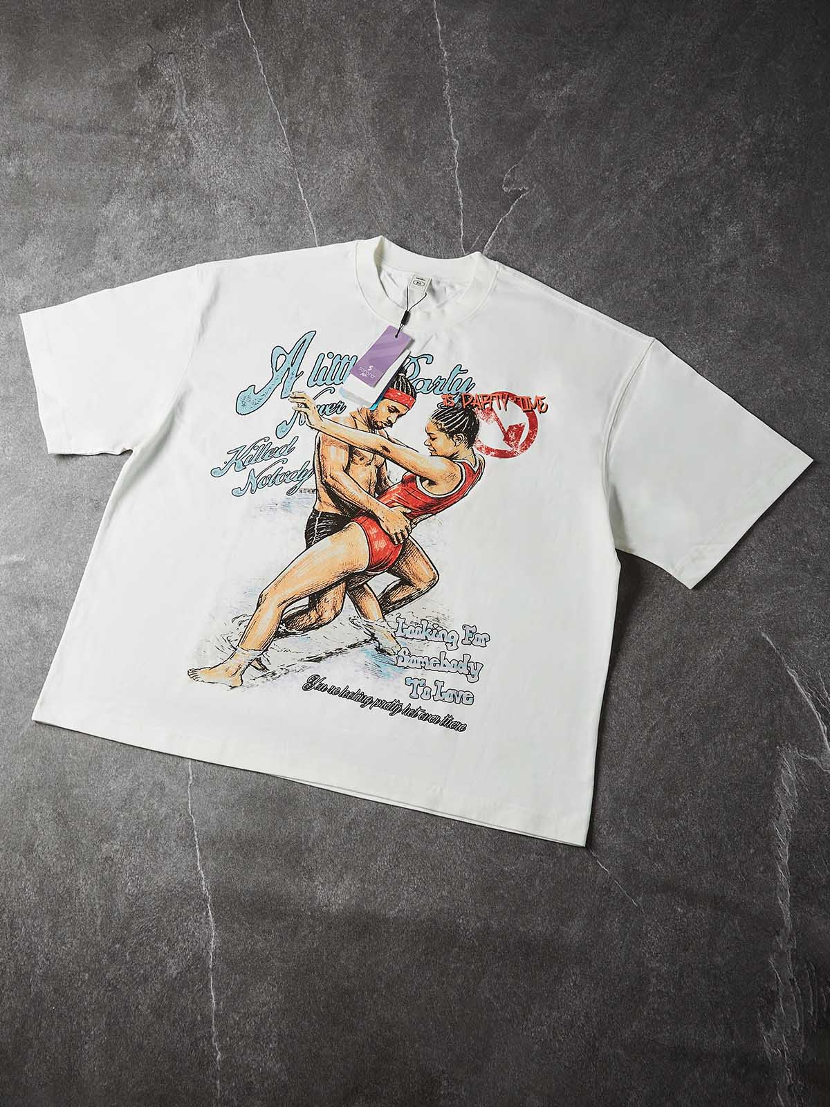 NOISSEY Vintage Poolside Couple Dancing Painting Art Print Short Sleeve T-Shirt - White