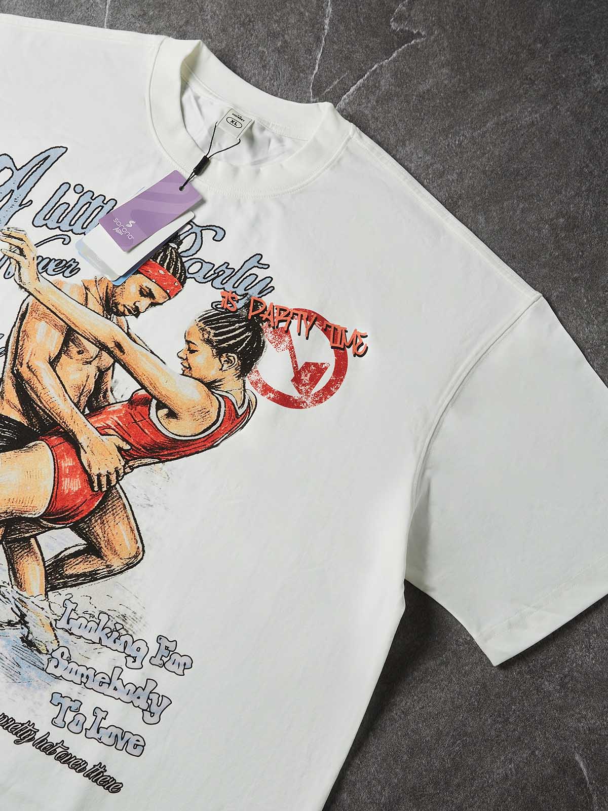 NOISSEY Vintage Poolside Couple Dancing Painting Art Print Short Sleeve T-Shirt - White