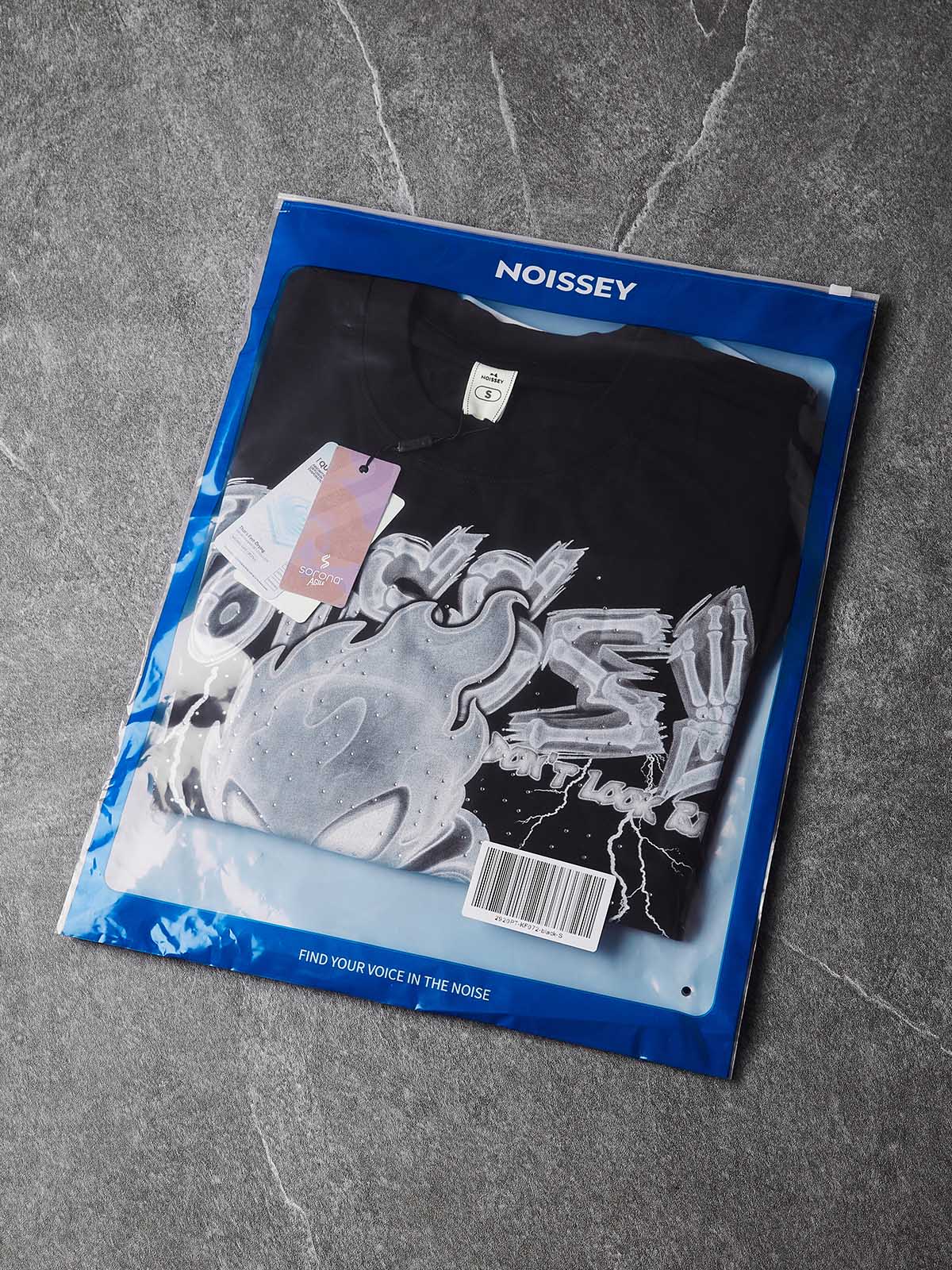 NOISSEY "X-Ray Phantom Rider" Black Tee - Boxy Heavyweight Hot-Fix Rhinestone Crafted T-Shirt