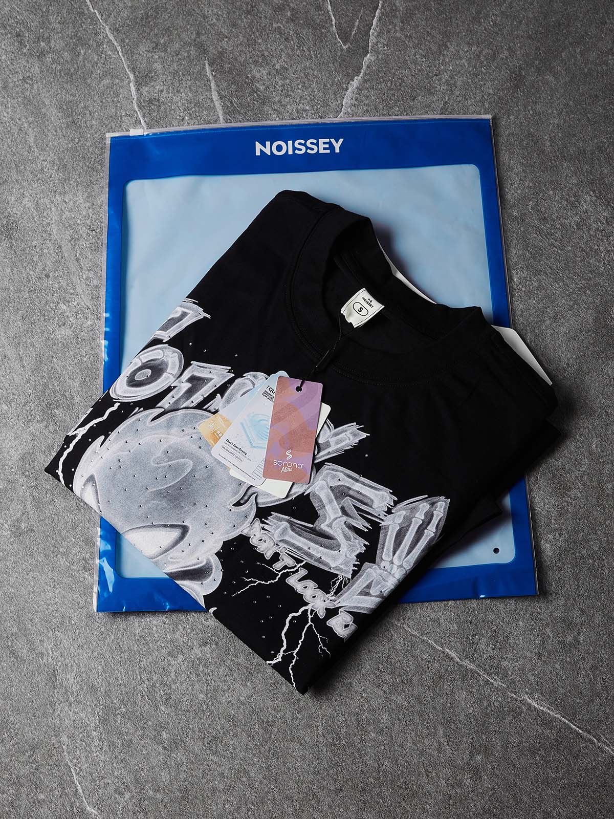 NOISSEY "X-Ray Phantom Rider" Black Tee - Boxy Heavyweight Hot-Fix Rhinestone Crafted T-Shirt