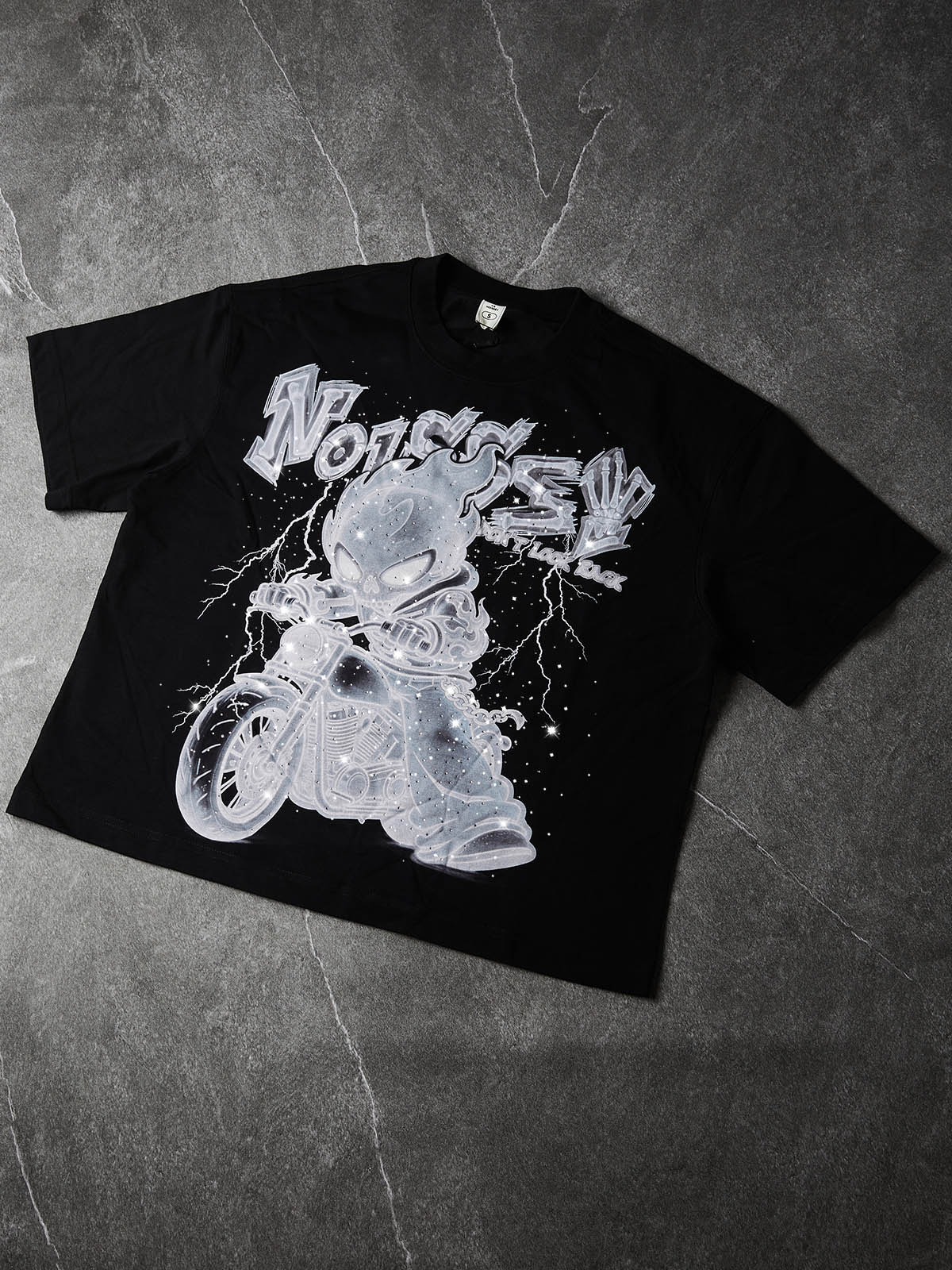 NOISSEY "X-Ray Phantom Rider" Black Tee - Boxy Heavyweight Hot-Fix Rhinestone Crafted T-Shirt