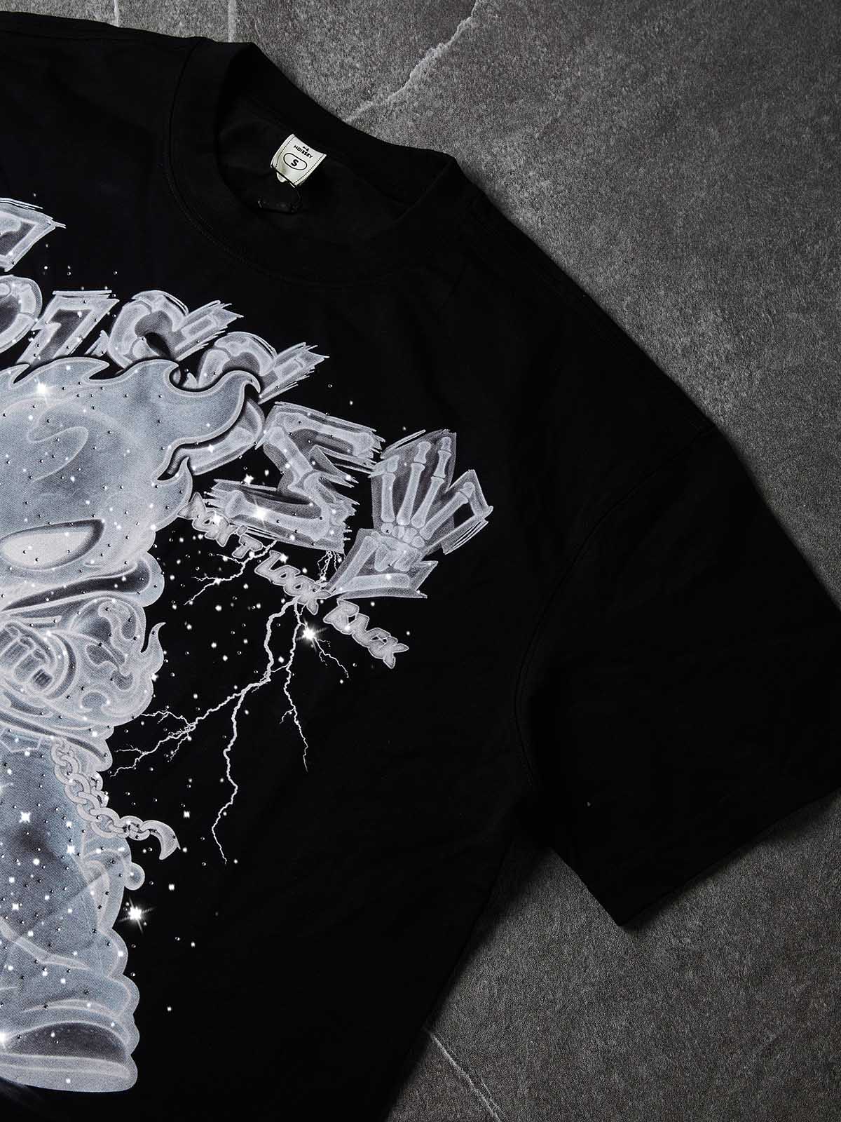 NOISSEY "X-Ray Phantom Rider" Black Tee - Boxy Heavyweight Hot-Fix Rhinestone Crafted T-Shirt