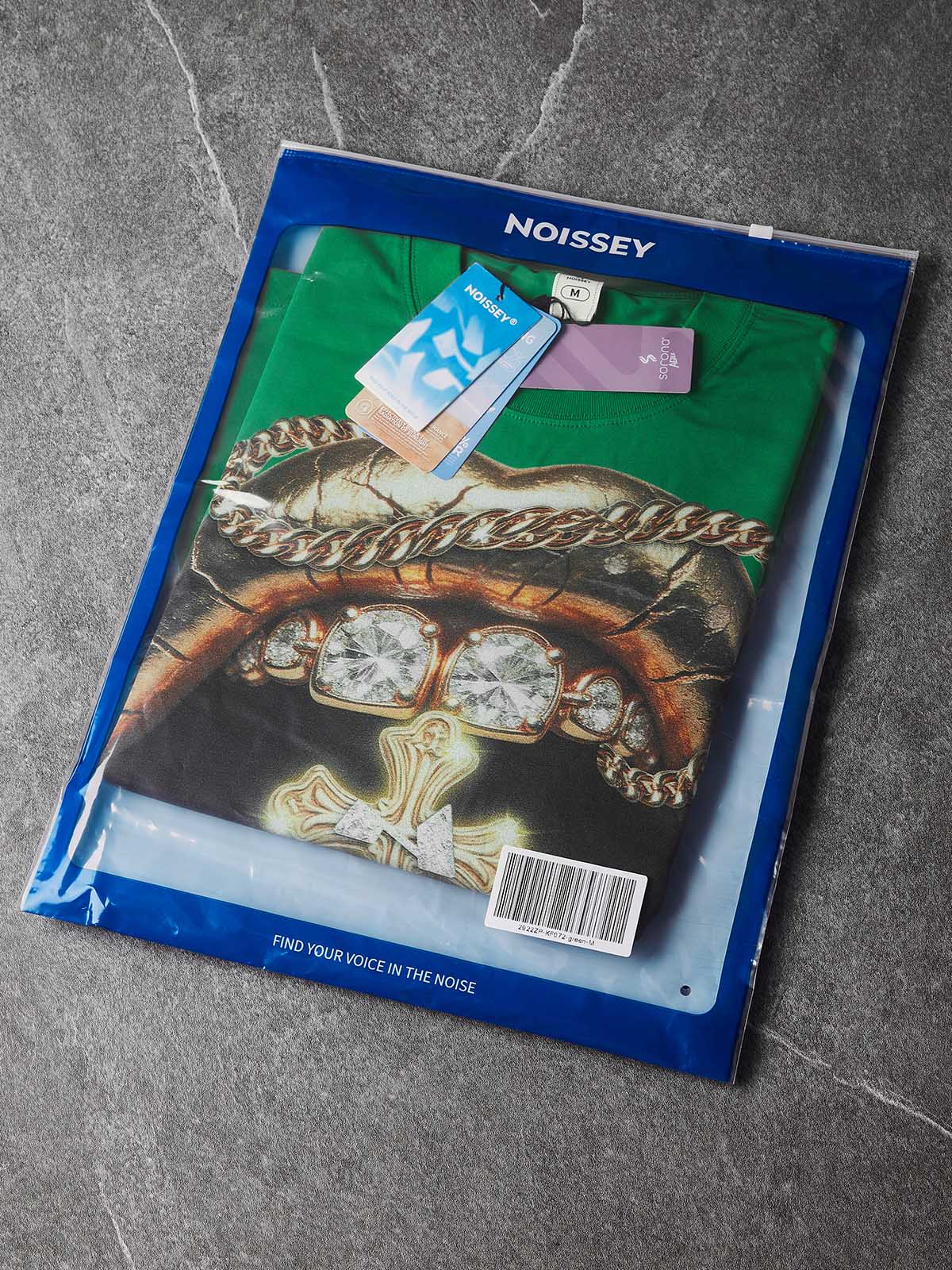NOISSEY "Golden Cross" Green Tee - Boxy Lip Print T-Shirt