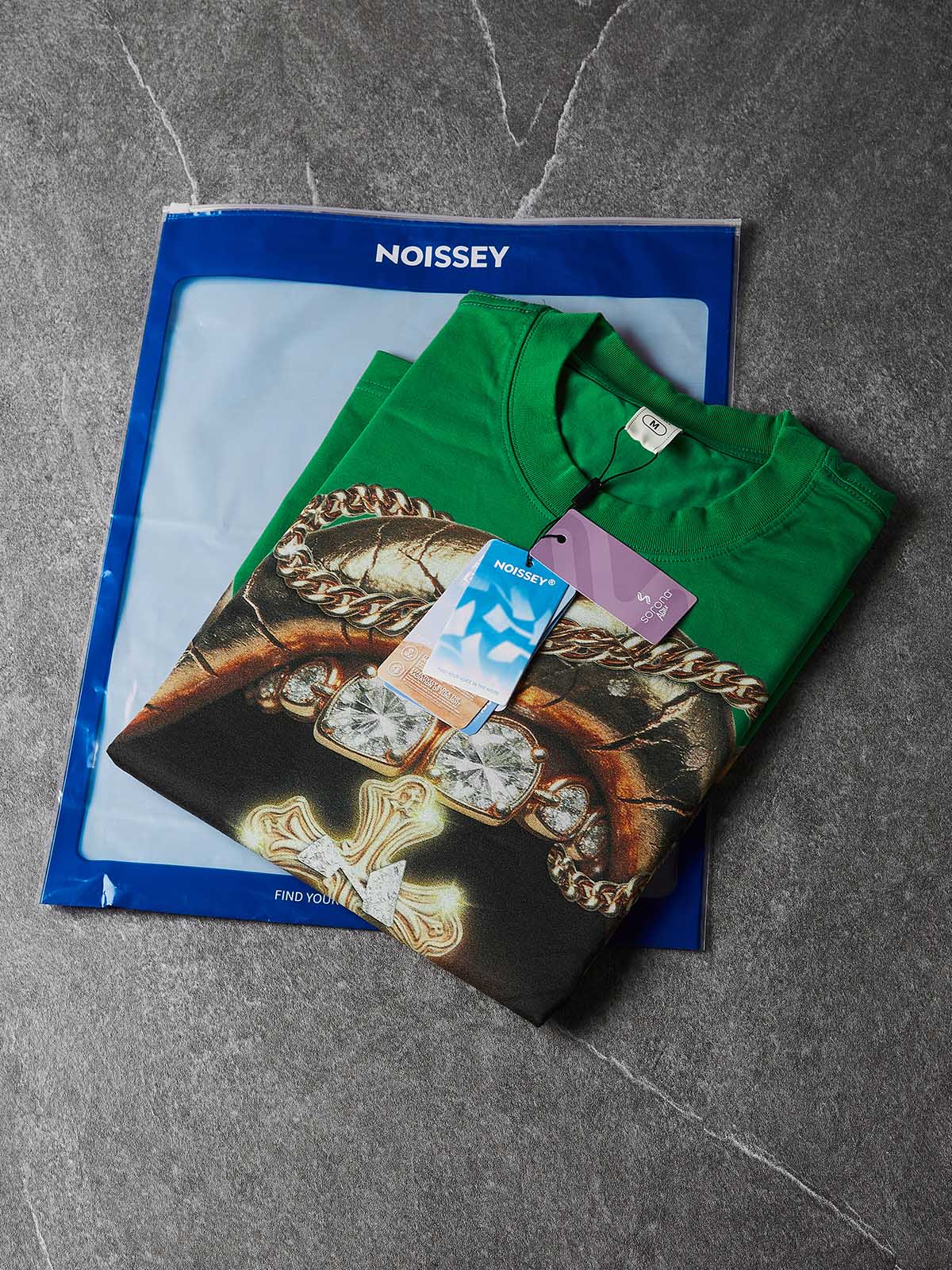 NOISSEY "Golden Cross" Green Tee - Boxy Lip Print T-Shirt