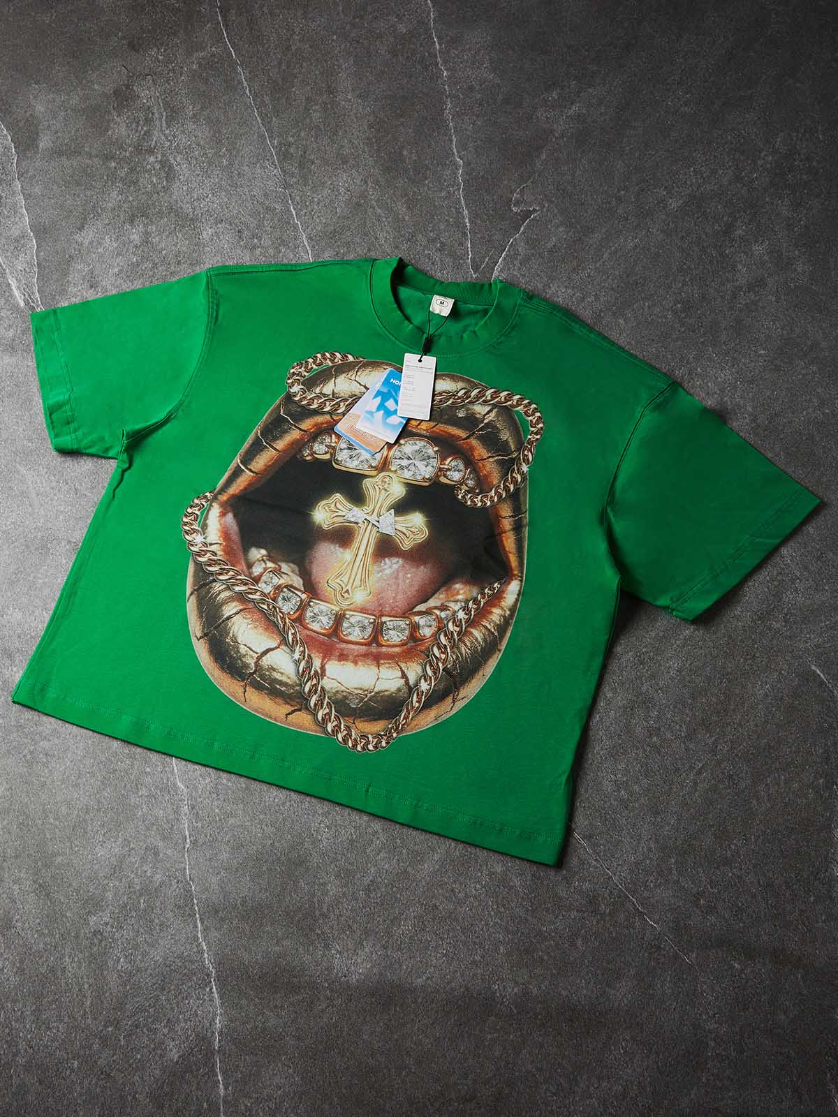 NOISSEY "Golden Cross" Green Tee - Boxy Lip Print T-Shirt