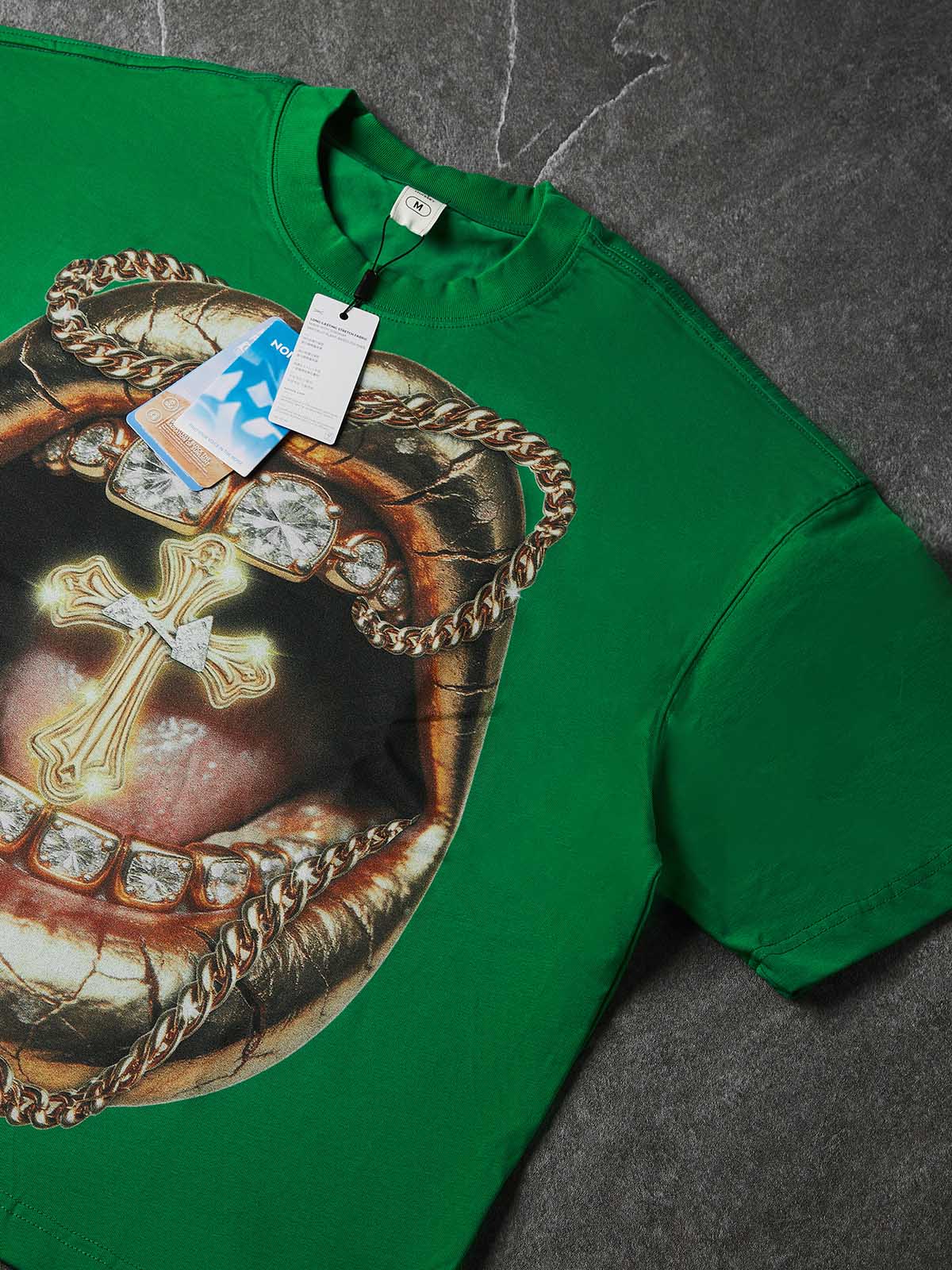 NOISSEY "Golden Cross" Green Tee - Boxy Lip Print T-Shirt