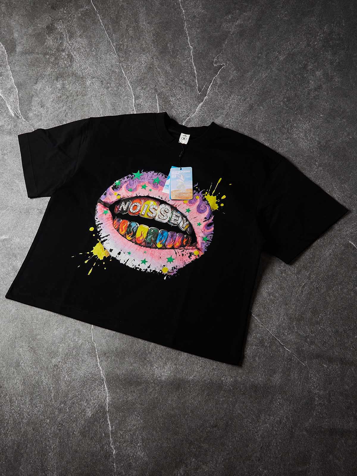 NOISSEY "Rainbow Flame Lips" Tee - Jet Black Boxy Street Graffiti T-Shirt