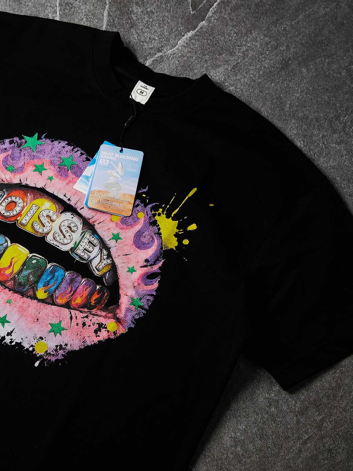 NOISSEY "Rainbow Flame Lips" Tee - Jet Black Boxy Street Graffiti T-Shirt