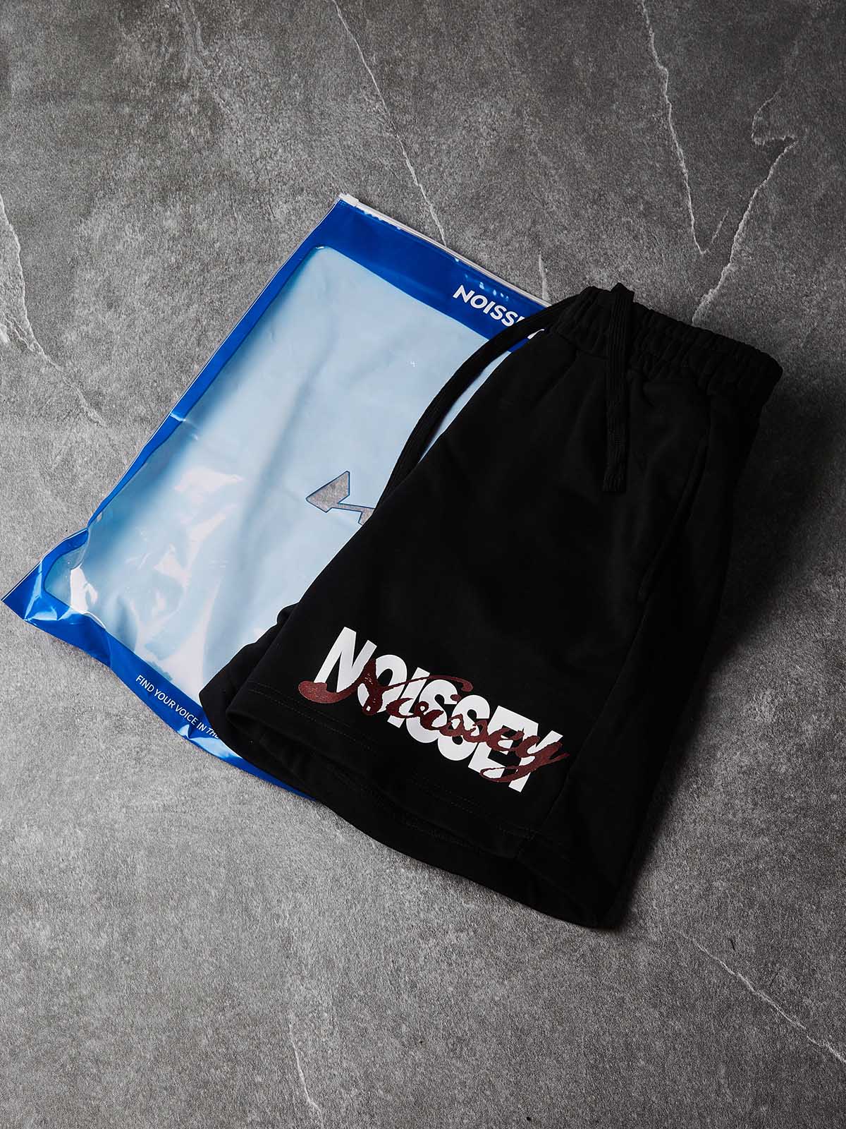 NOISSEY "Stacked Calligraphy" Shorts - Jet Black Heavyweight High-Street Loose Fit Sweat Shorts