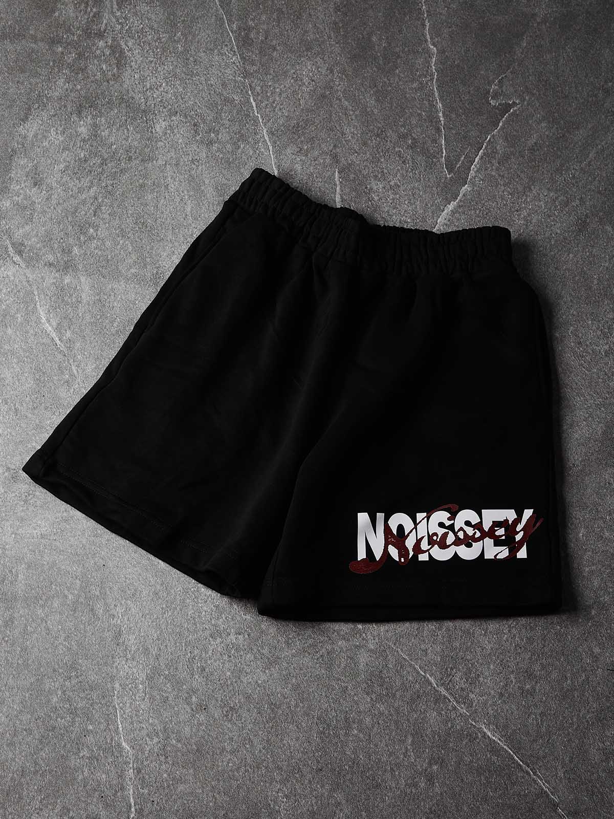 NOISSEY "Stacked Calligraphy" Shorts - Jet Black Heavyweight High-Street Loose Fit Sweat Shorts