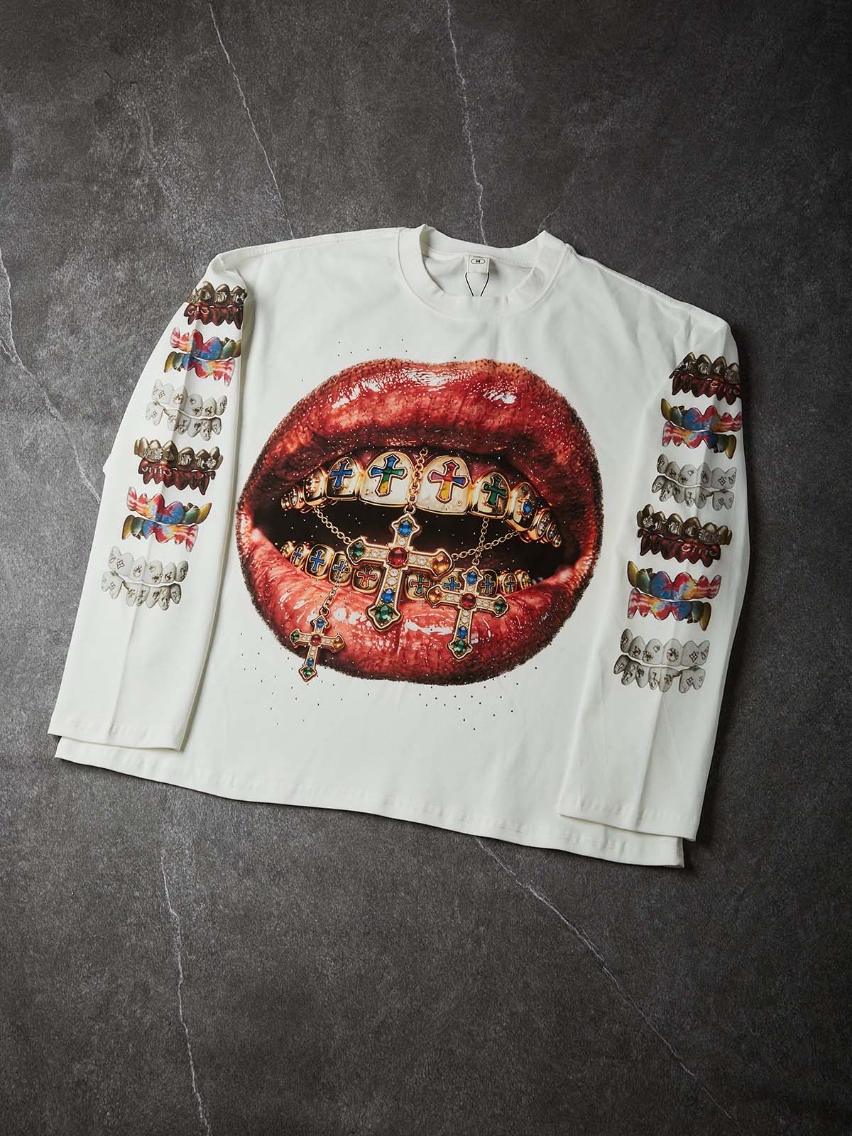 NOISSEY "Gemstone Grillz" White Sweatshirt - Rhinestone Graphic Pullover