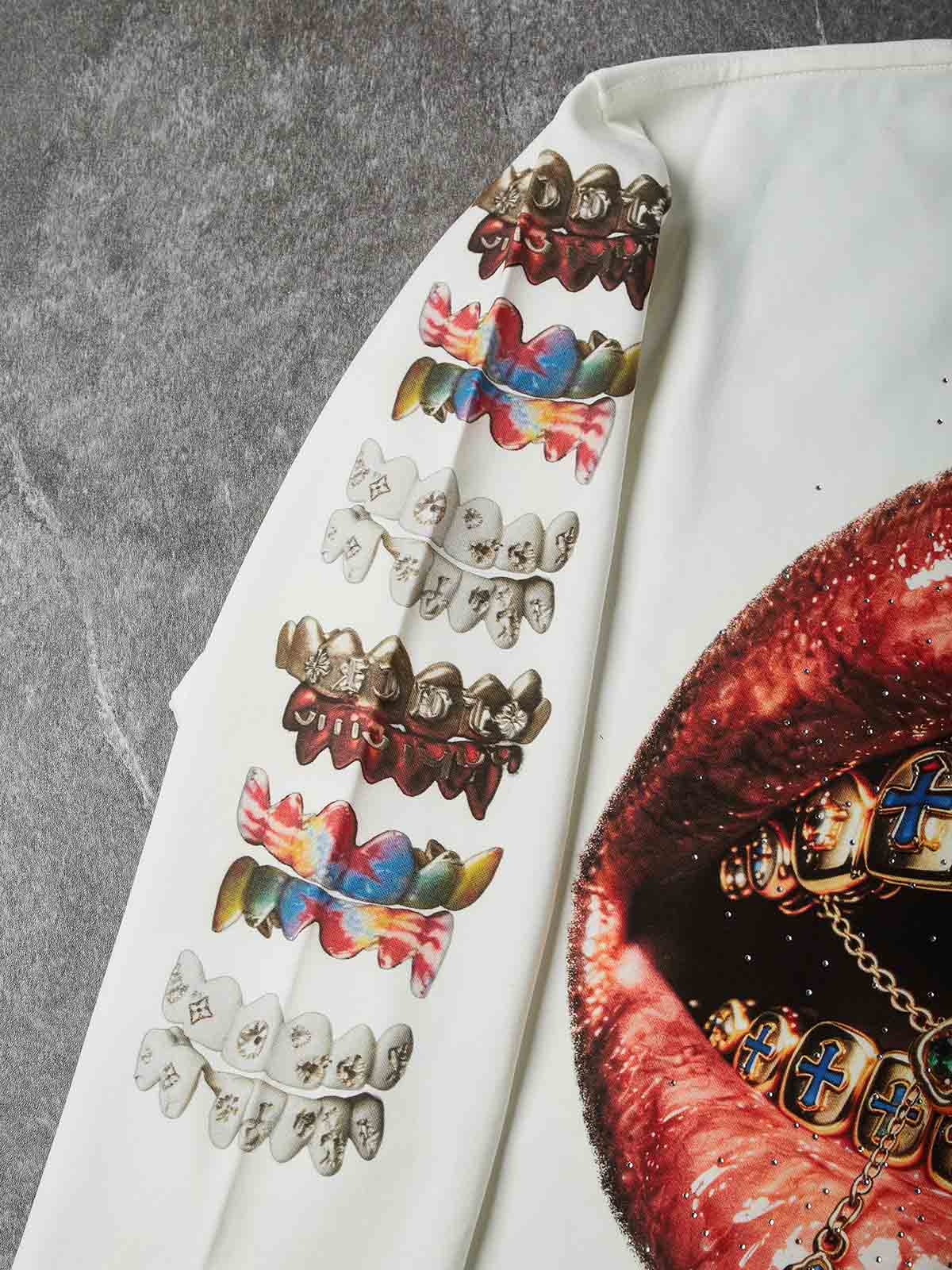 NOISSEY "Gemstone Grillz" White Sweatshirt - Rhinestone Graphic Pullover