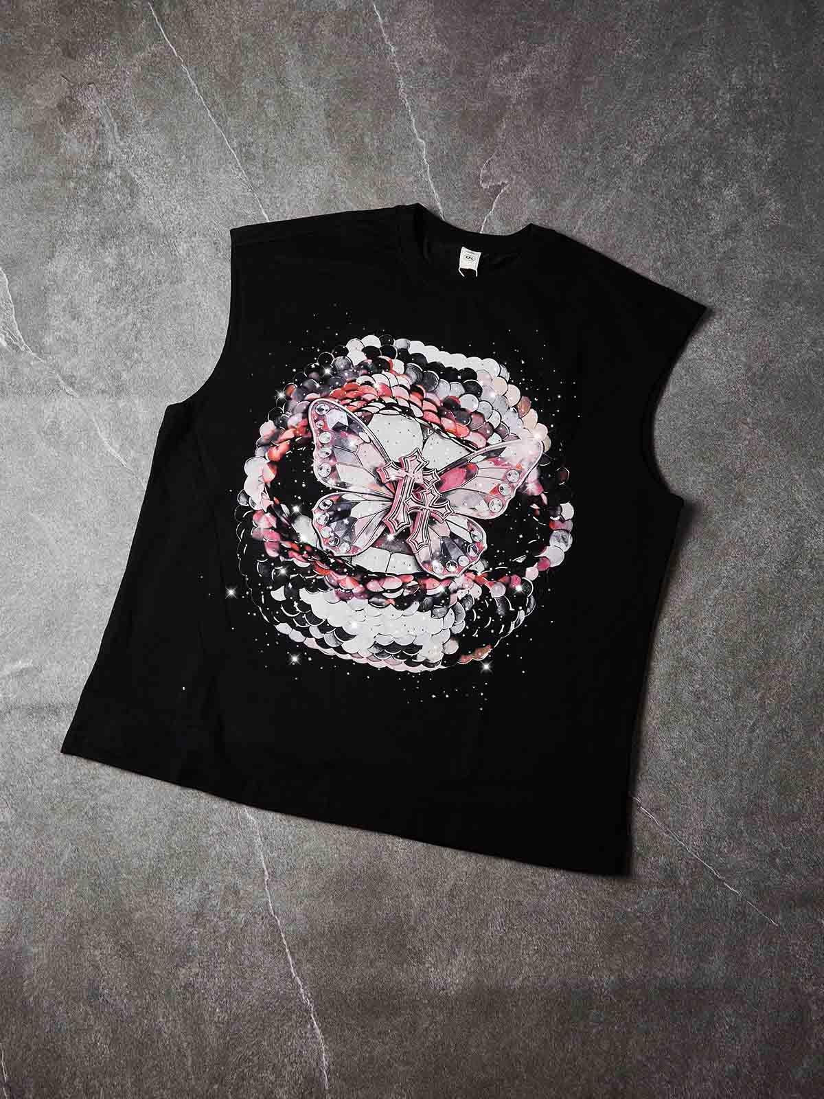 NOISSEY "Pink Butterfly" Black Vest - Boxy Lip Diamond Tank