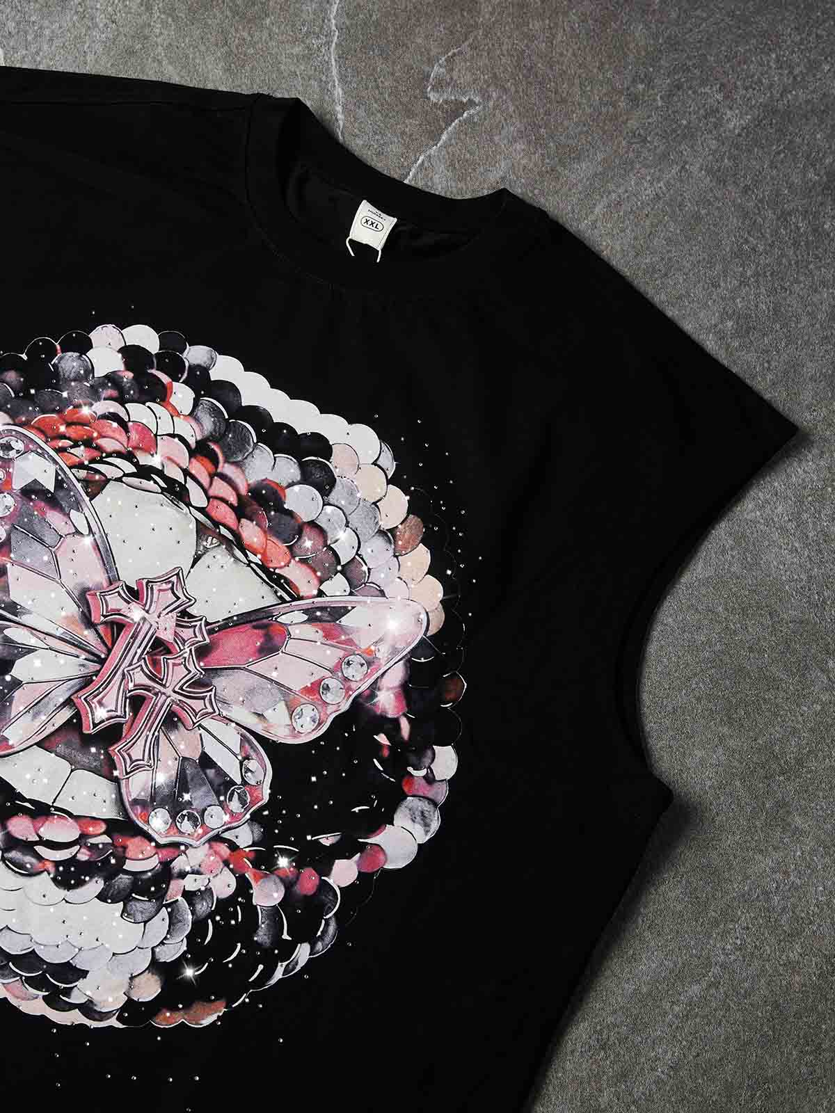 NOISSEY "Pink Butterfly" Black Vest - Boxy Lip Diamond Tank