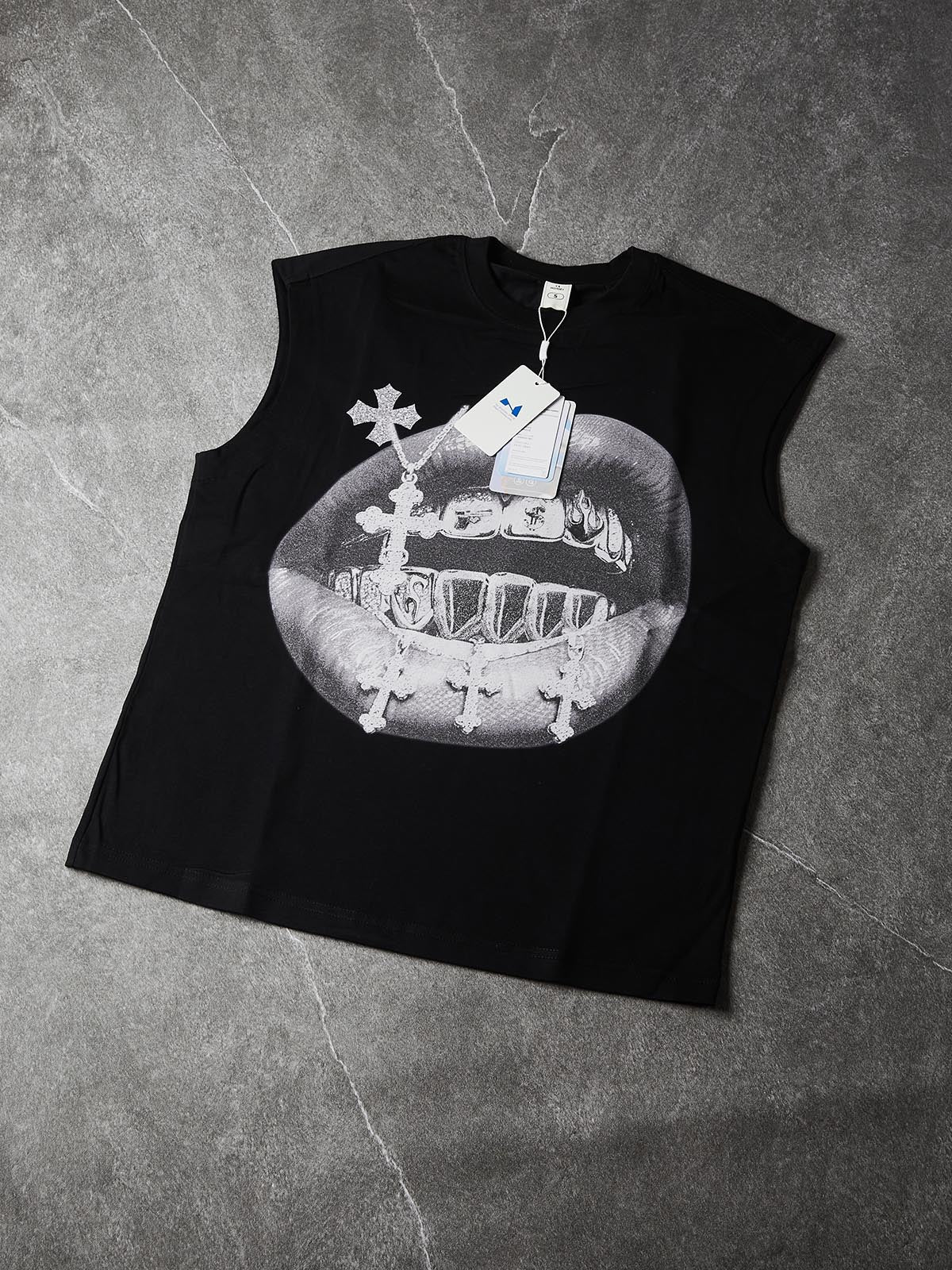 NOISSEY Cross Vintage Grills Black Print Tank Top