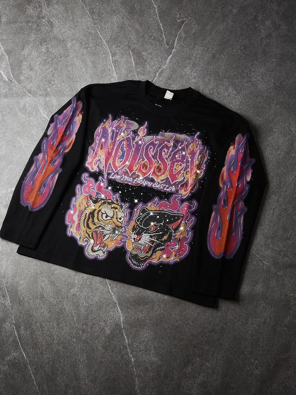 NOISSEY "Neon Cyber Beast" Jet Black Sweatshirt - Rhinestone Crafted Oversized Long-Sleeve