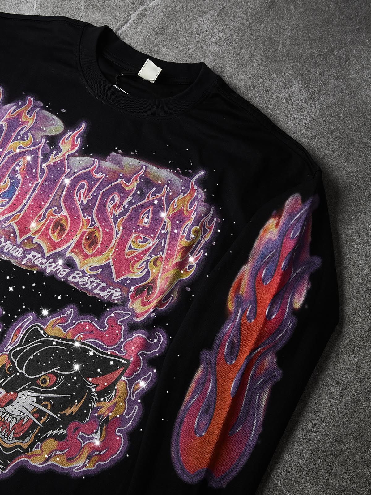 NOISSEY "Neon Cyber Beast" Jet Black Sweatshirt - Rhinestone Crafted Oversized Long-Sleeve