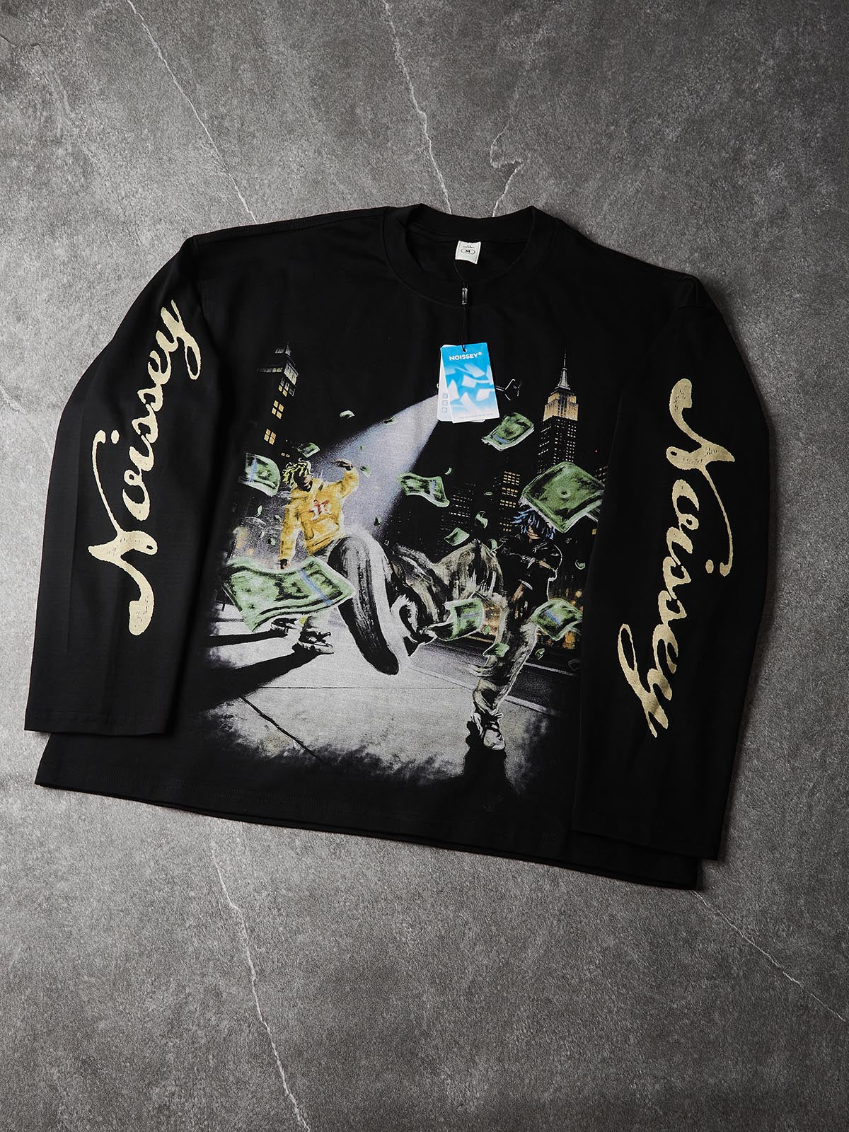 NOISSEY New York Night Heli-Cash Graphic Art Little Oversized Long Sleeve Shirt - Onyx Black