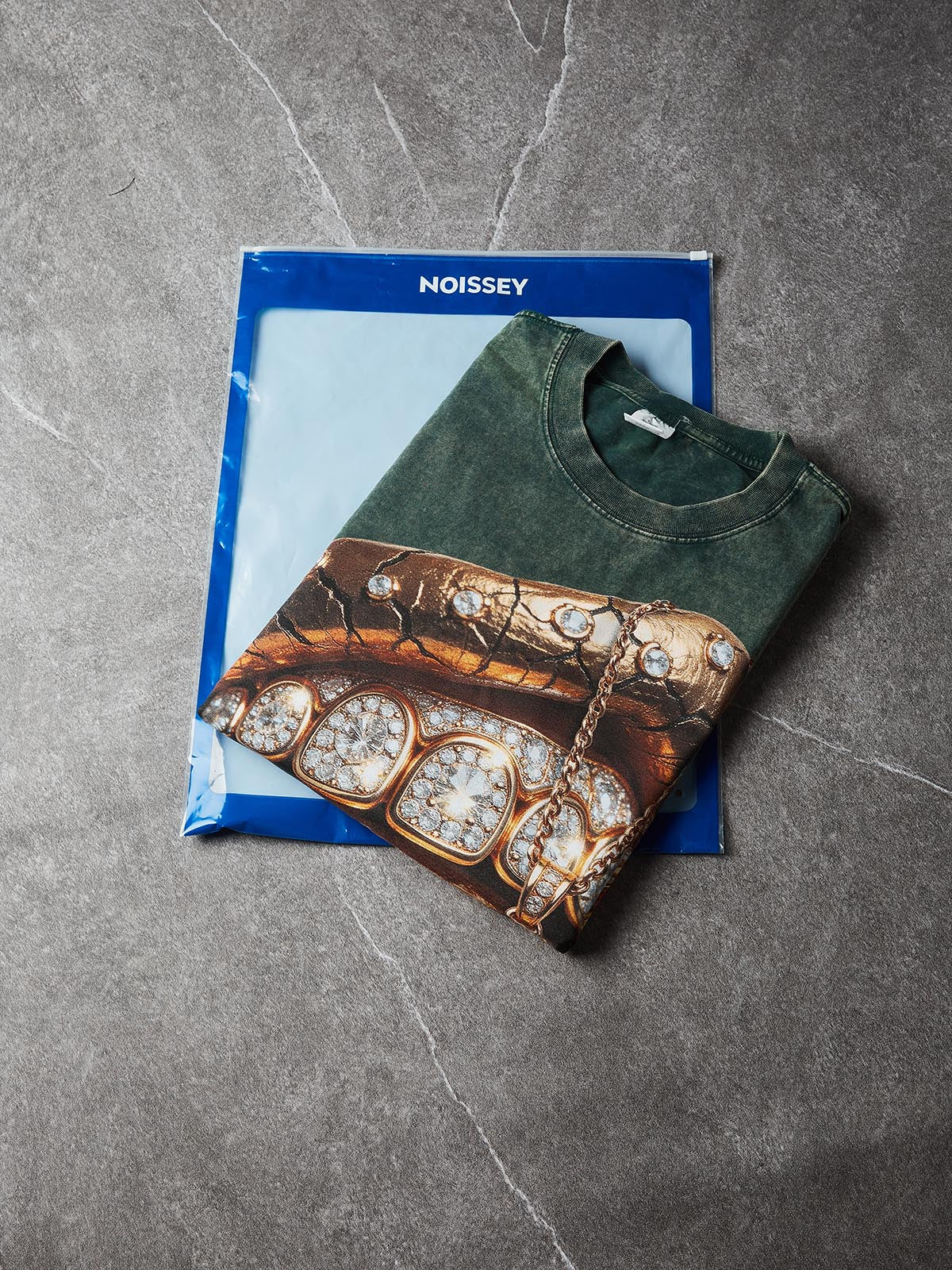 NOISSEY "Golden Cross" Washed Green Tee - Boxy Lip Print T-Shirt