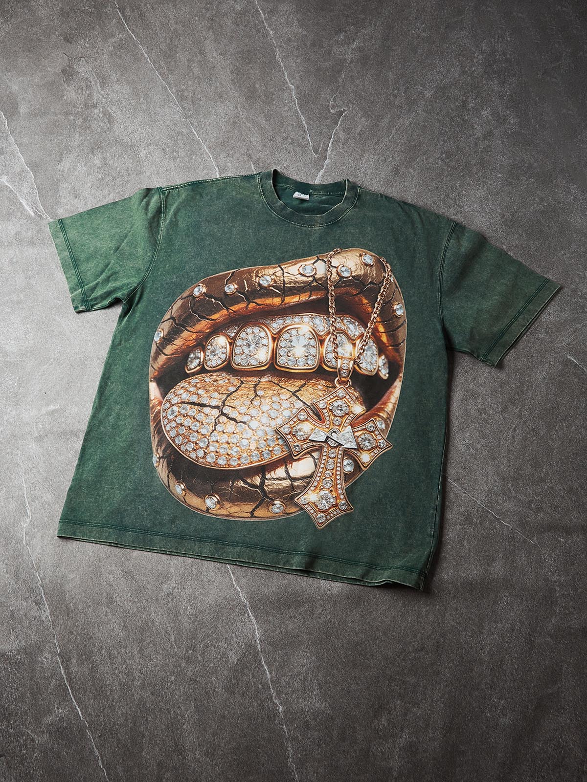 NOISSEY "Golden Cross" Washed Green Tee - Boxy Lip Print T-Shirt