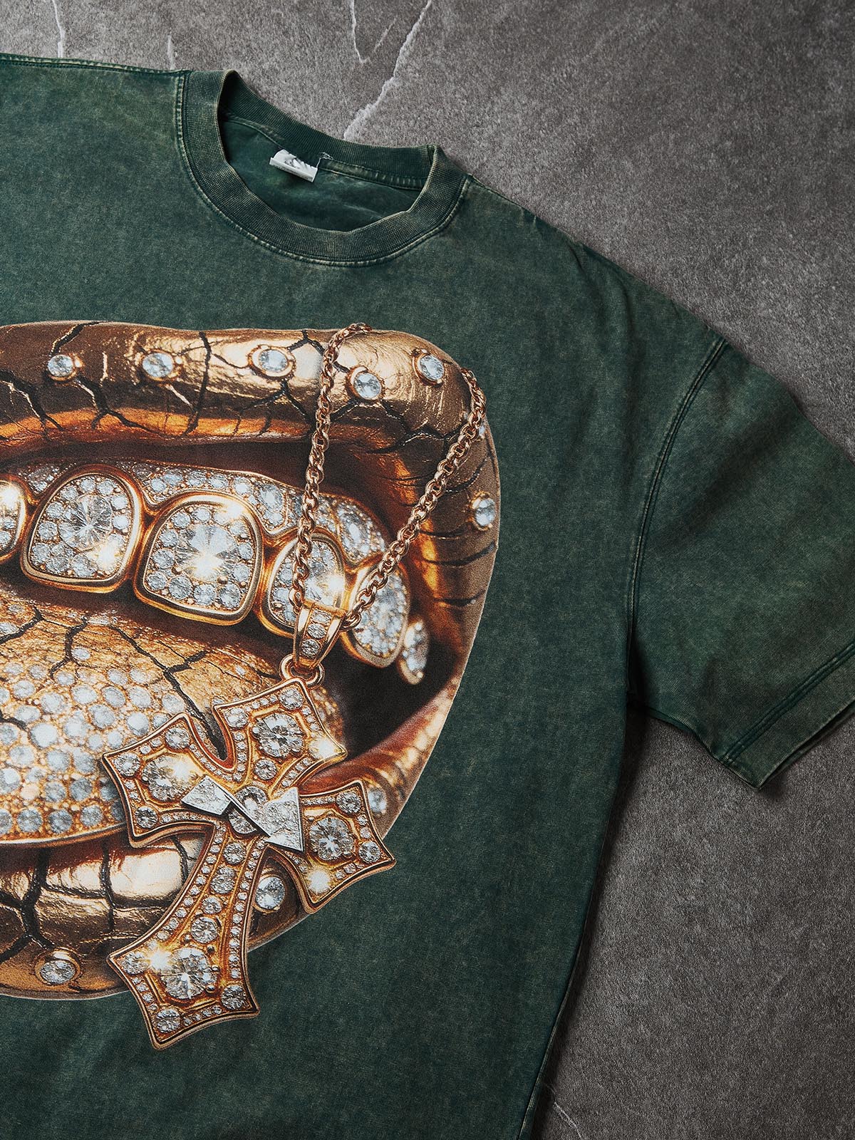 NOISSEY "Golden Cross" Washed Green Tee - Boxy Lip Print T-Shirt