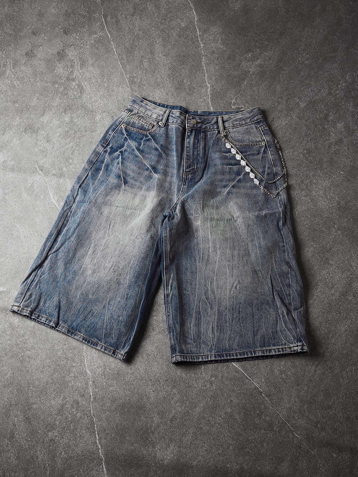 NOISSEY Ocean Washed Relaxed Denim Shorts (Premium Jewelry Chain Included) - Vintage Indigo