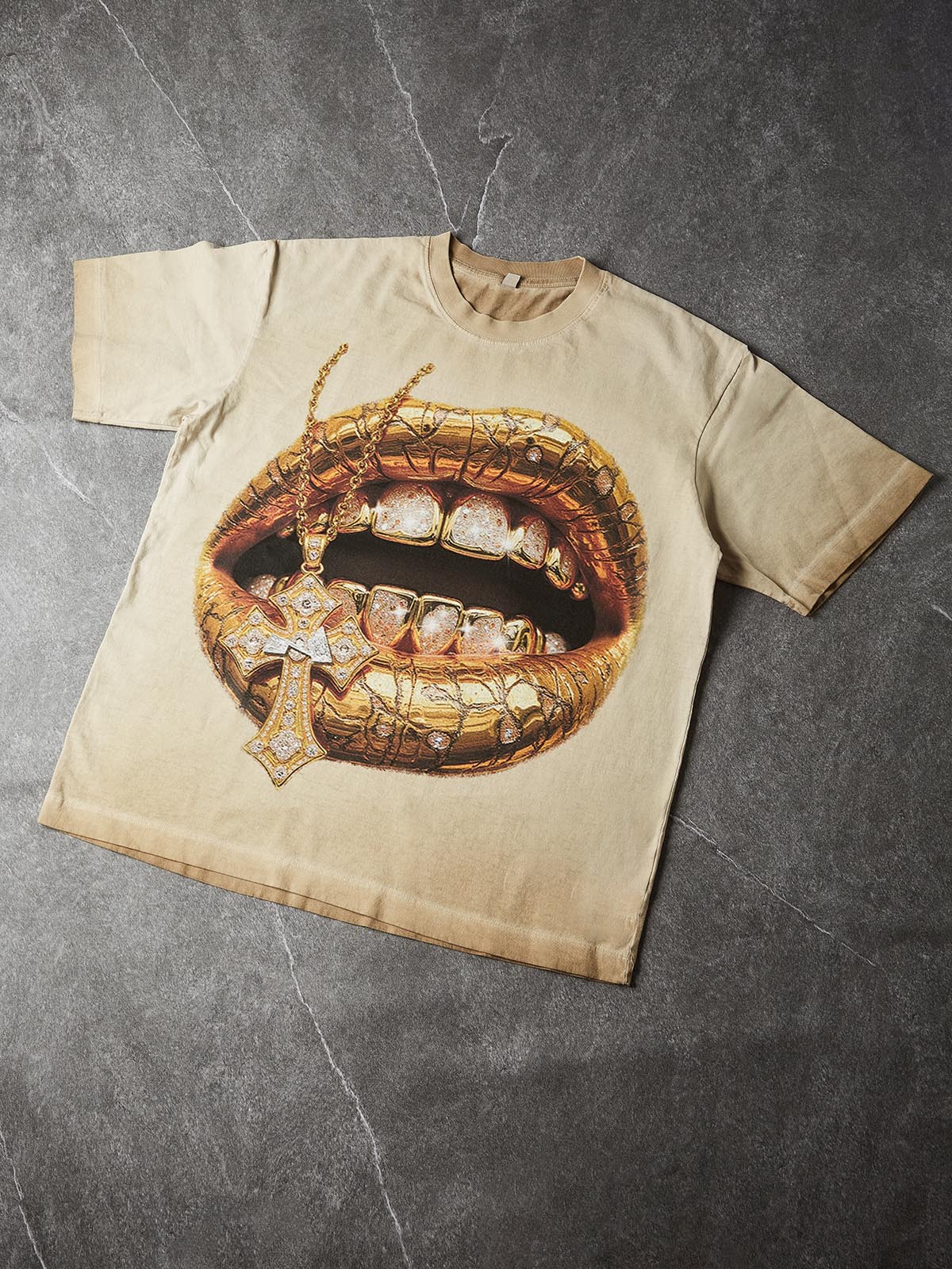 NOISSEY "Desert Gold" Diamond Grillz & Cross Chain Tee - Sand/Beige