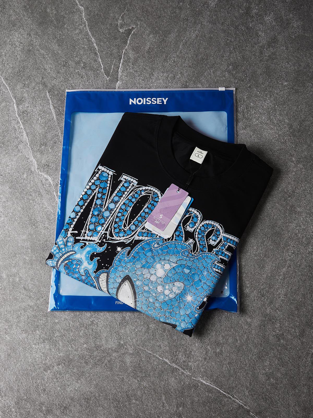 NOISSEY "Blue Ignite" Boxy Heavyweight Crystal Art Tee - Midnight Black