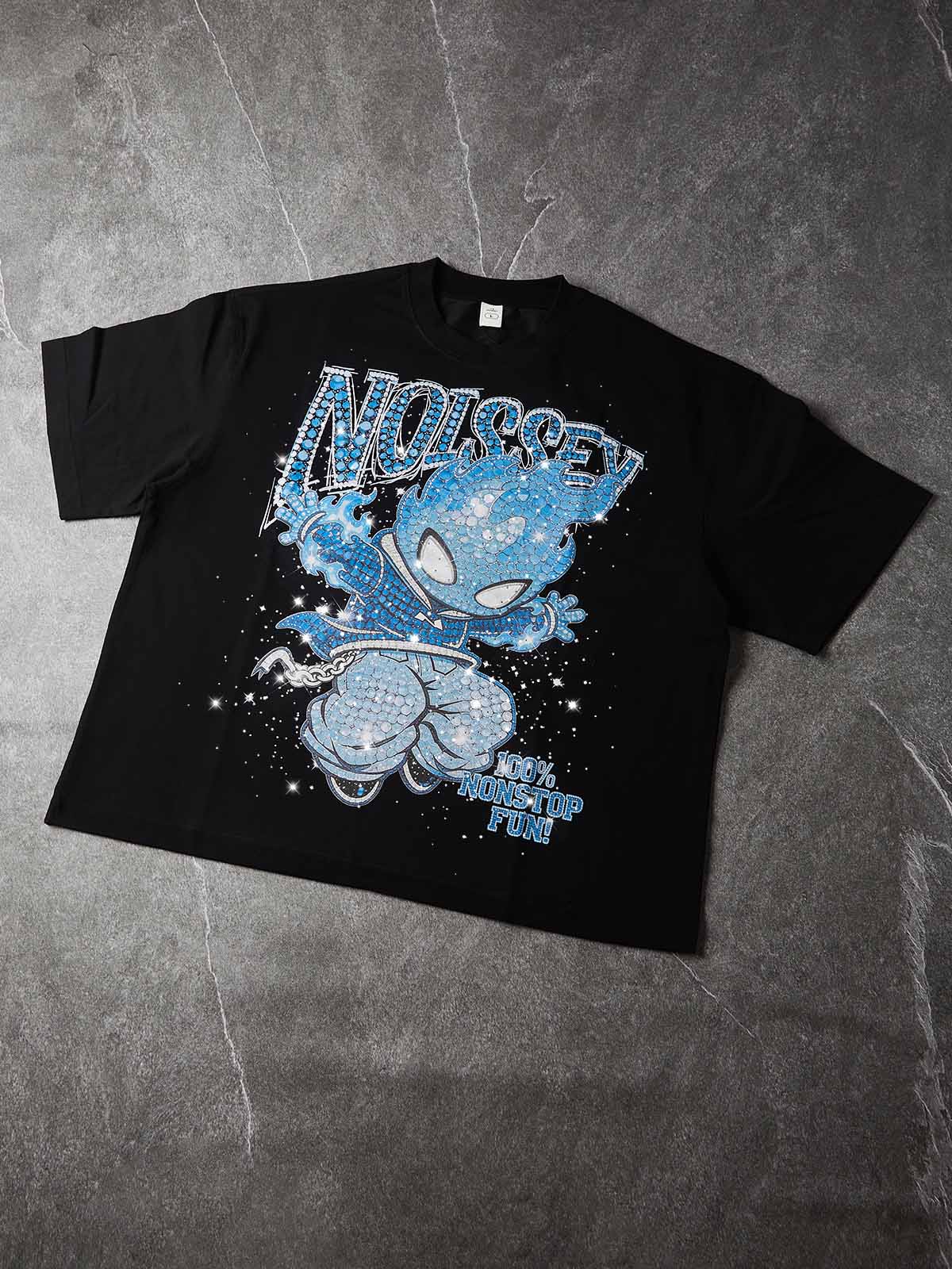 NOISSEY "Blue Ignite" Boxy Heavyweight Crystal Art Tee - Midnight Black