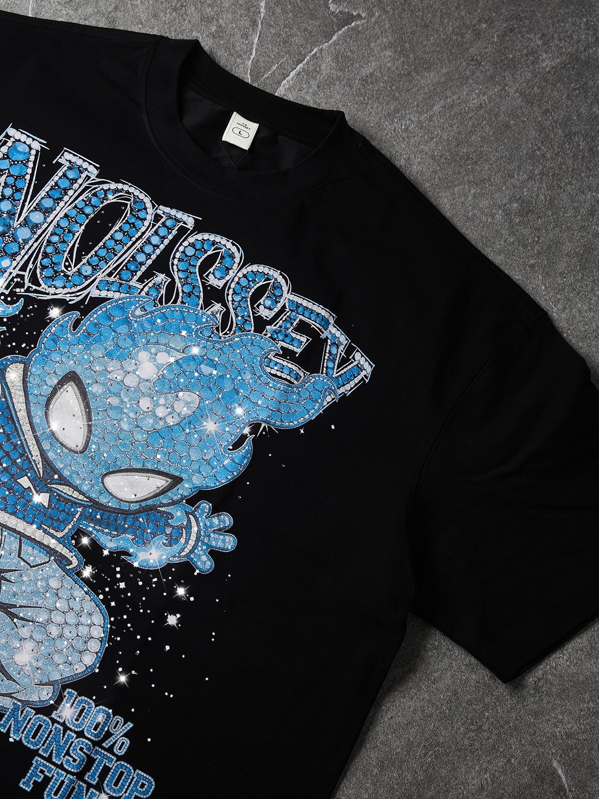 NOISSEY "Blue Ignite" Boxy Heavyweight Crystal Art Tee - Midnight Black