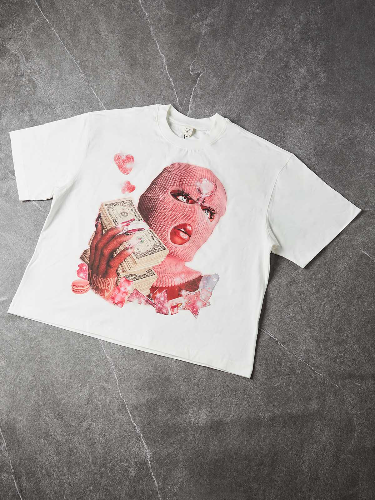 NOISSEY "Balaclava Pink Trap Girl" Tee - Clean White 255G Heavyweight Boxy Oversized Money Graphic T-Shirt