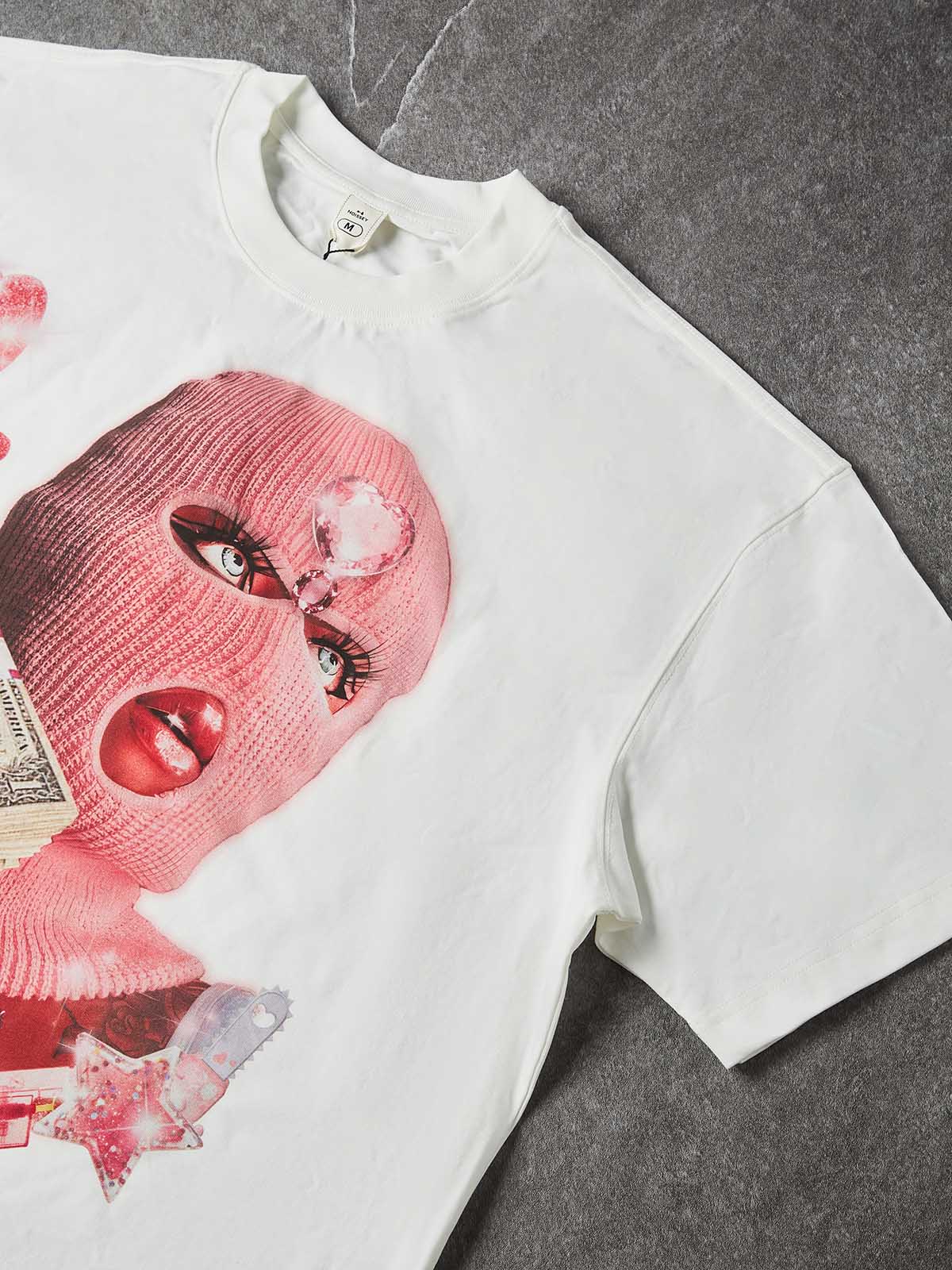 NOISSEY "Balaclava Pink Trap Girl" Tee - Clean White 255G Heavyweight Boxy Oversized Money Graphic T-Shirt