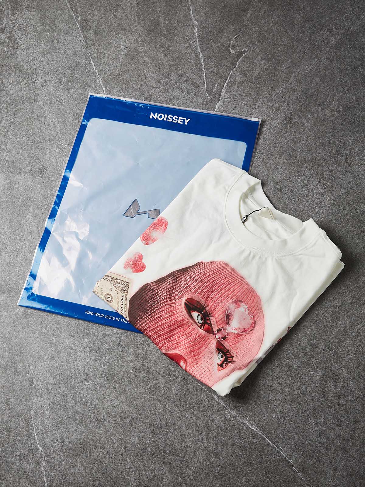 NOISSEY "Balaclava Pink Trap Girl" Tee - Clean White 255G Heavyweight Boxy Oversized Money Graphic T-Shirt