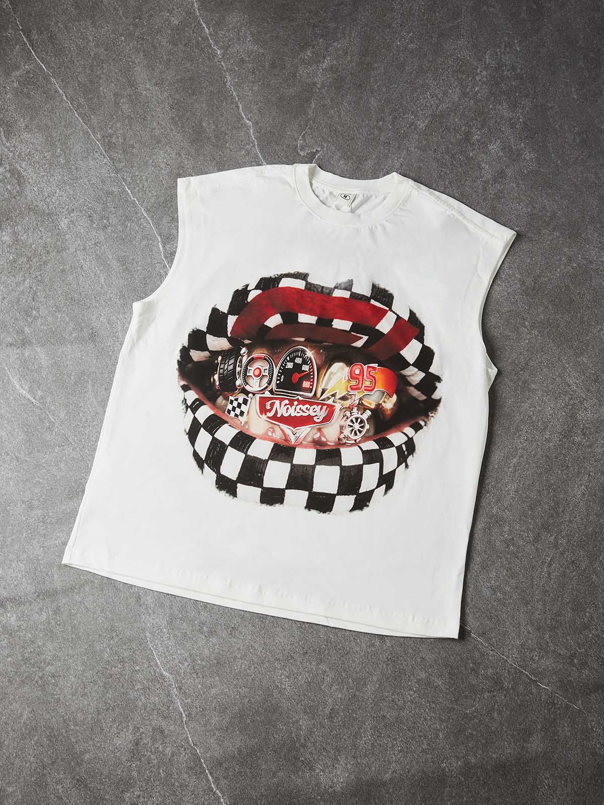 NOISSEY "Checkered Racing Lips" Heavyweight Tanktop - White Boxy Graphic Tank