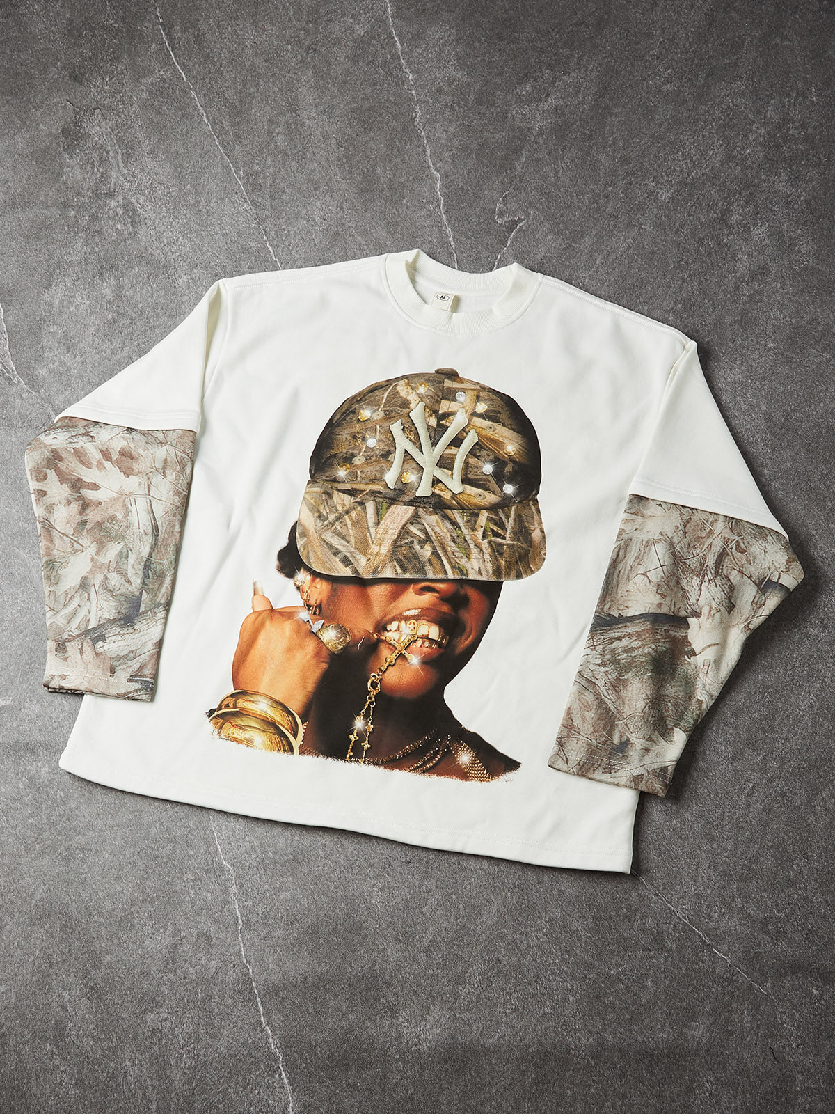NOISSEY Real Tree Camo "Rhinestone NY" Portrait Layered Long Sleeve