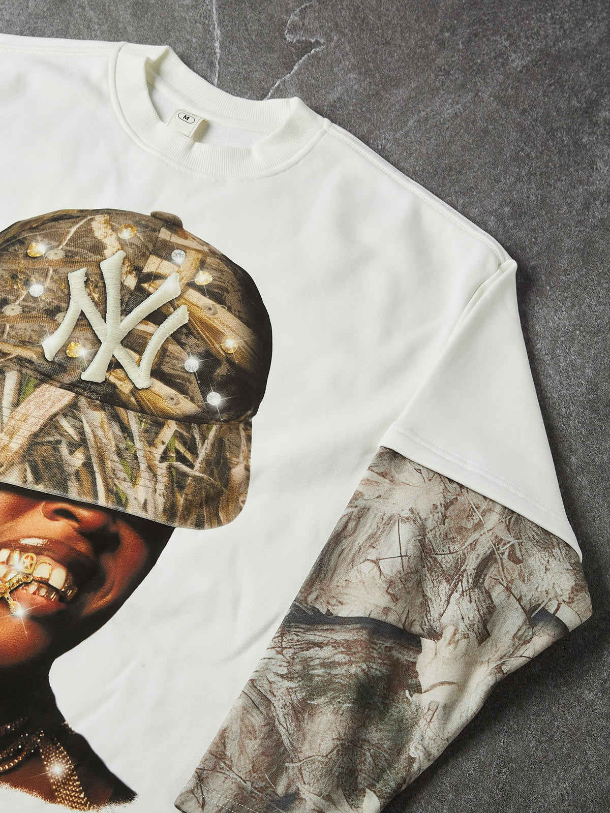 NOISSEY Real Tree Camo "Rhinestone NY" Portrait Layered Long Sleeve