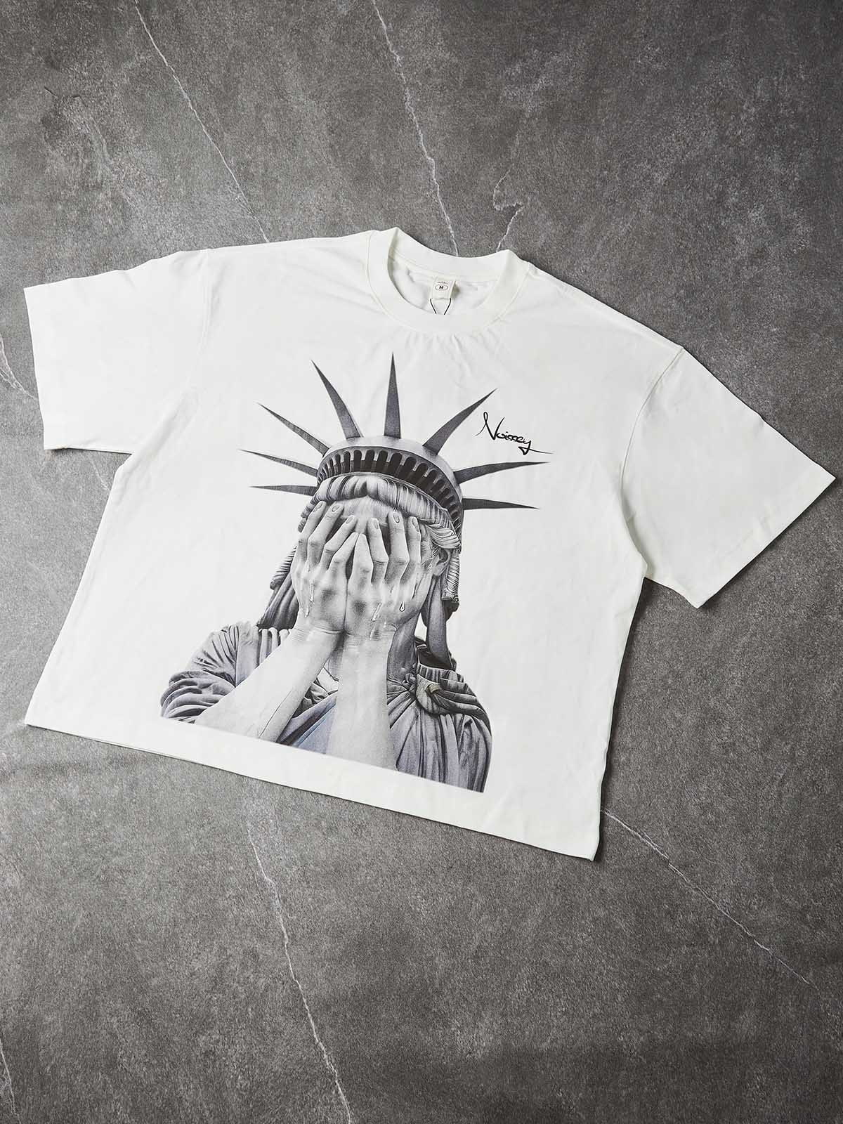 NOISSEY "Weeping Liberty" Tee - Clean White 255G Heavyweight Boxy Oversized Crying Goddess Graphic T-Shirt