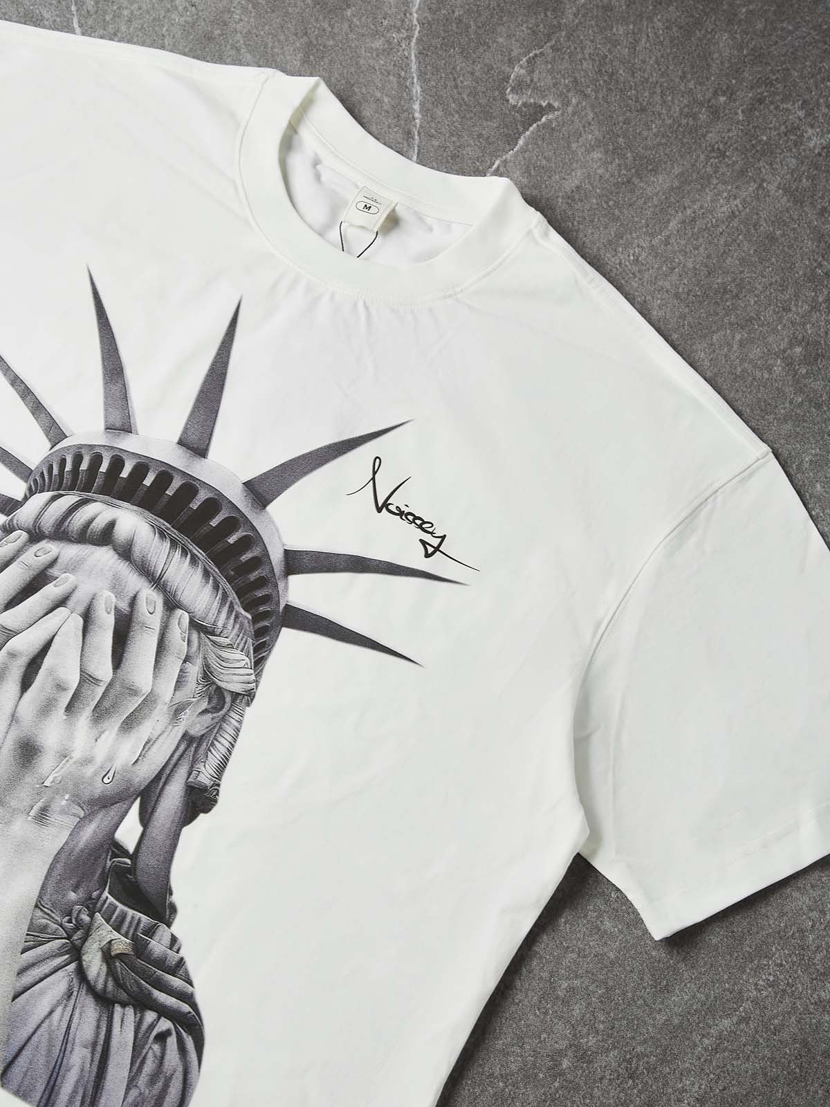 NOISSEY "Weeping Liberty" Tee - Clean White 255G Heavyweight Boxy Oversized Crying Goddess Graphic T-Shirt