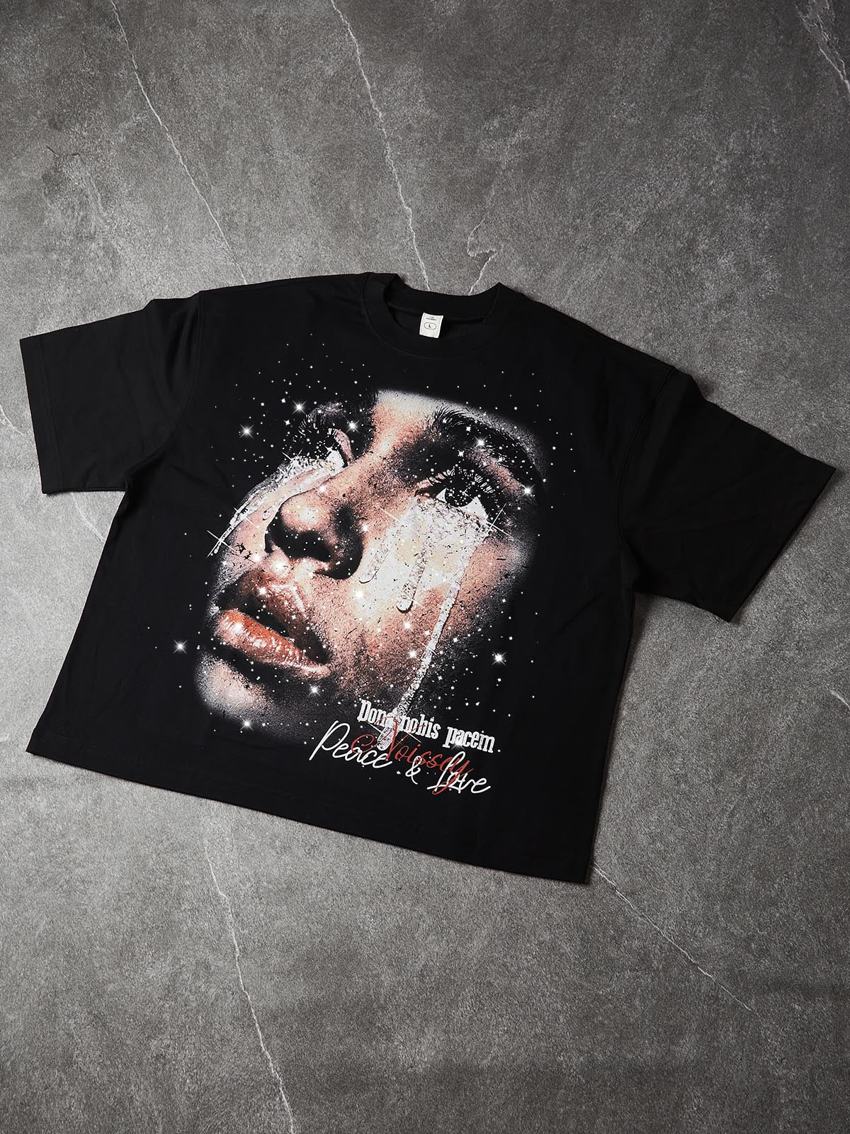 NOISSEY "Peace & Love" Black Boxy Tee - Diamond Tears Graphic