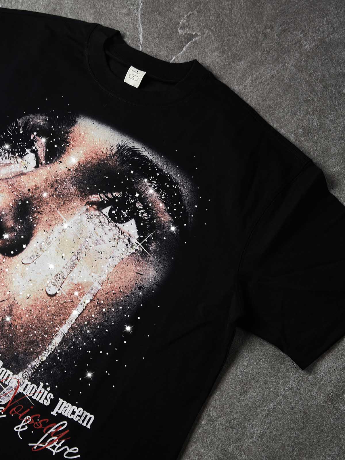 NOISSEY "Peace & Love" Black Boxy Tee - Diamond Tears Graphic