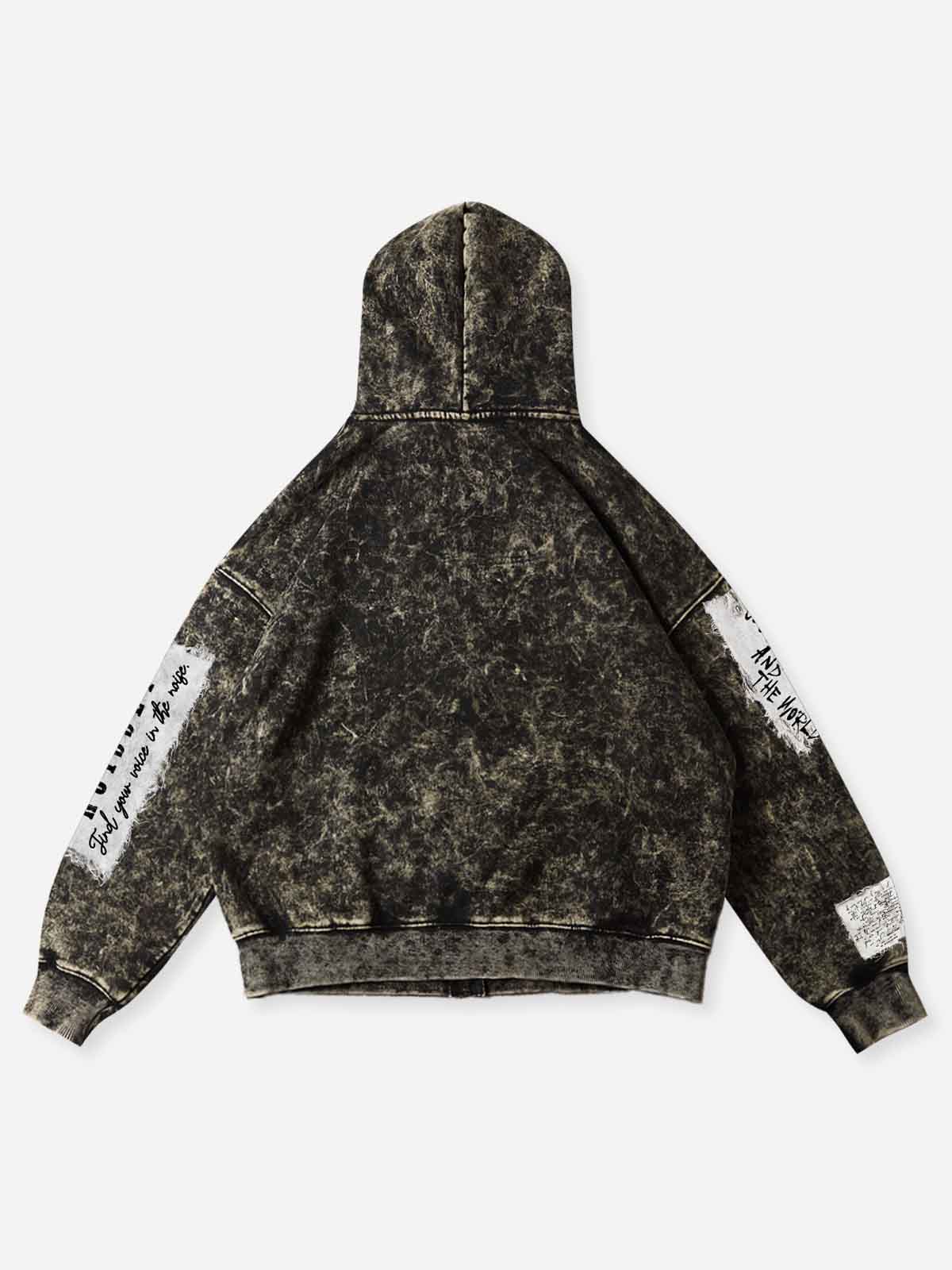 NOISSEY Washed Vintage Faux-Patchwork Diamond Grillz Lips Zip-Up Hoodie - Washed Black