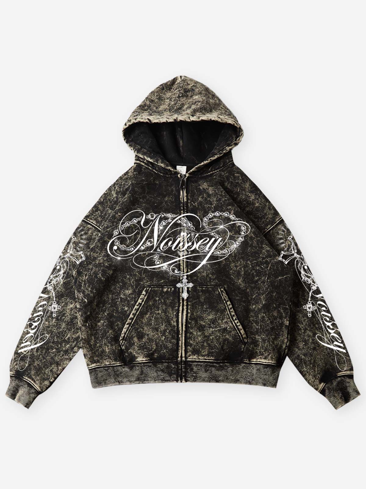 NOISSEY Vintage Washed Black Pearl Necklace Accessory & Printed Cross Zip-Up Hoodie