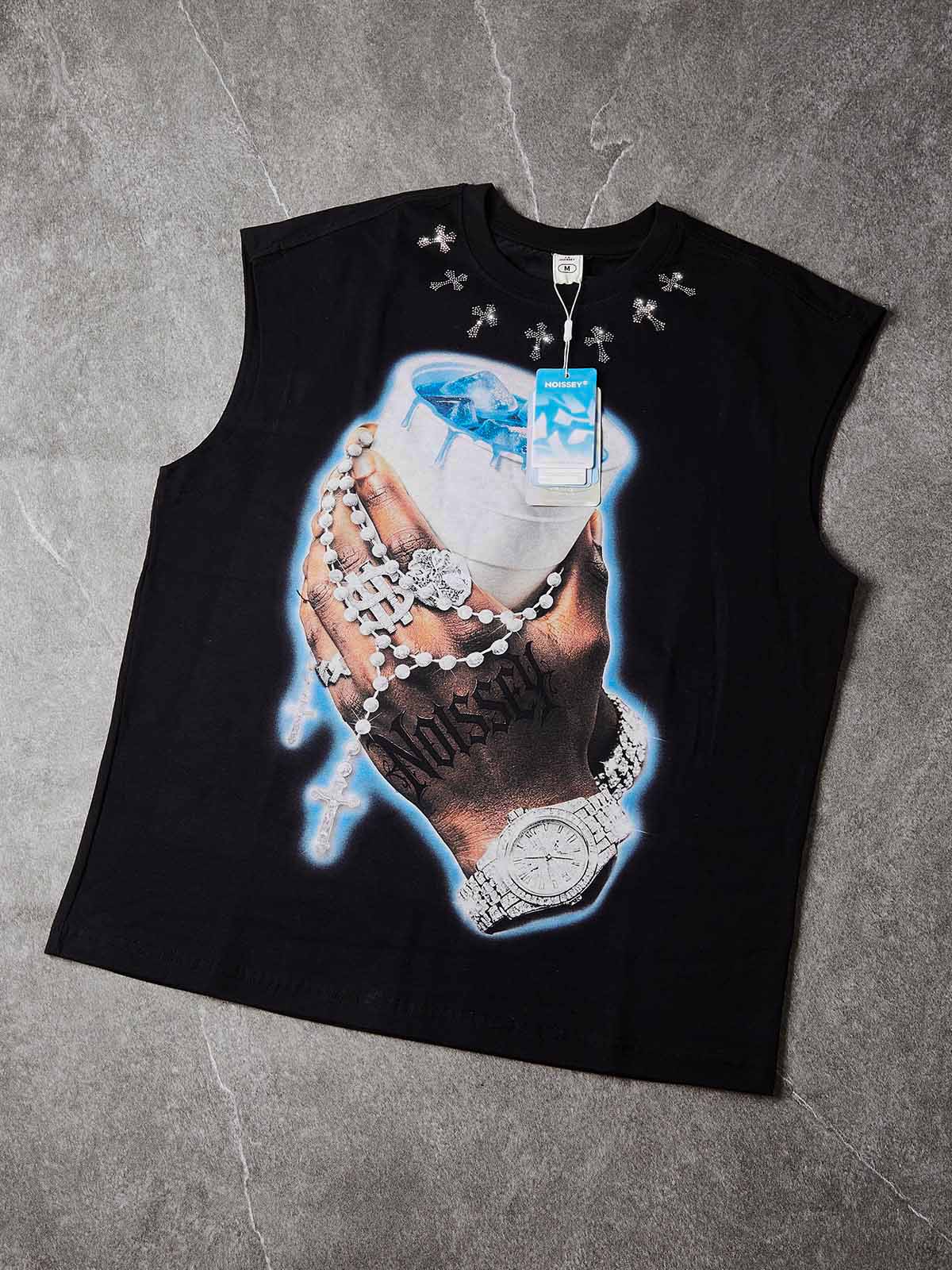 NOISSEY "Lean Blessing" Black Vest - Diamond Rhinestone Graphic