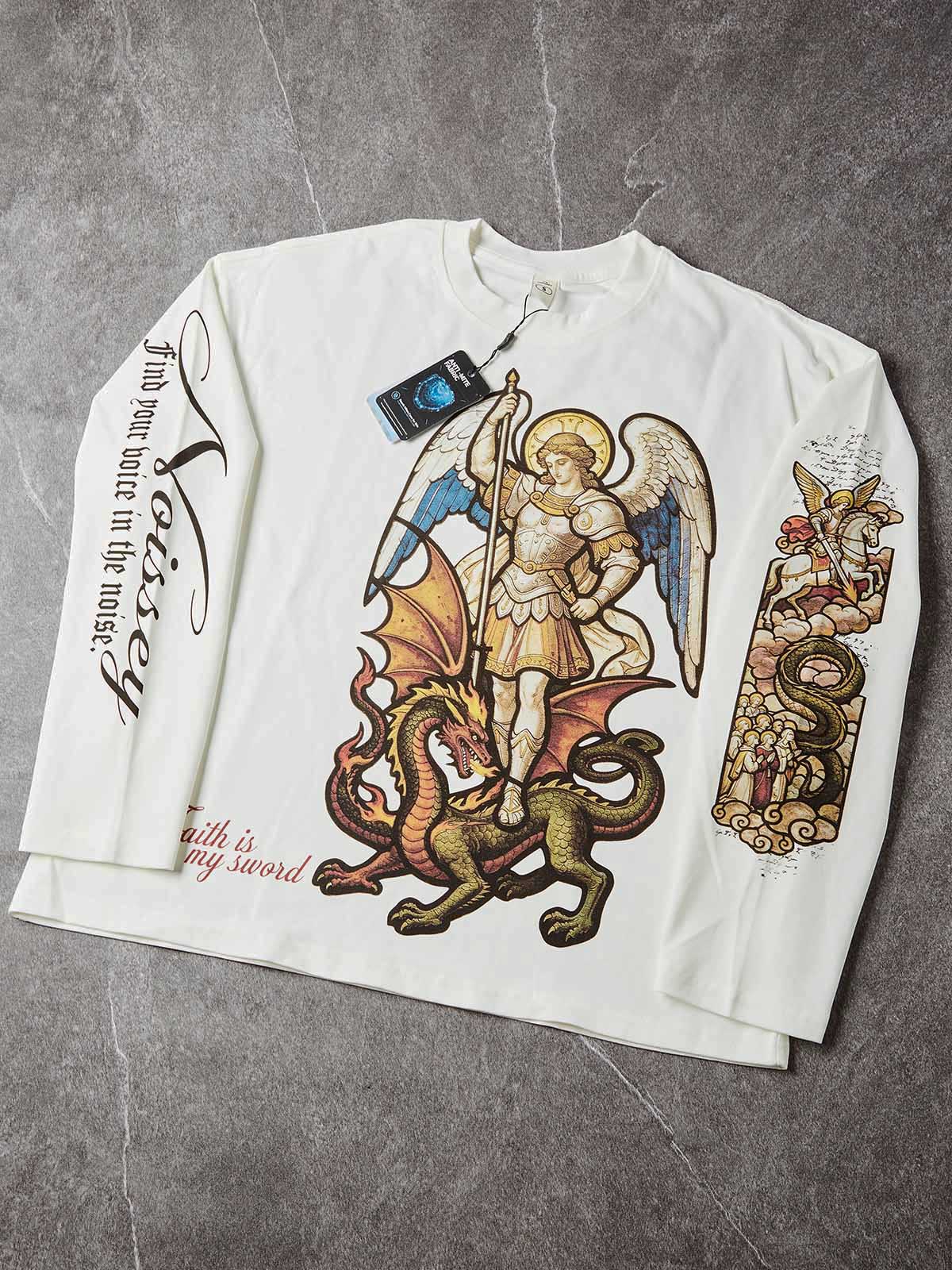 NOISSEY "Saint Michael" White Long-Sleeve - Gothic Graphic Tee