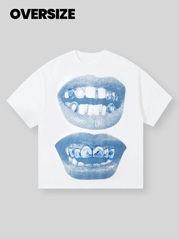 BOUNCE BACK© Retro Blue Lips Grills Print Tee