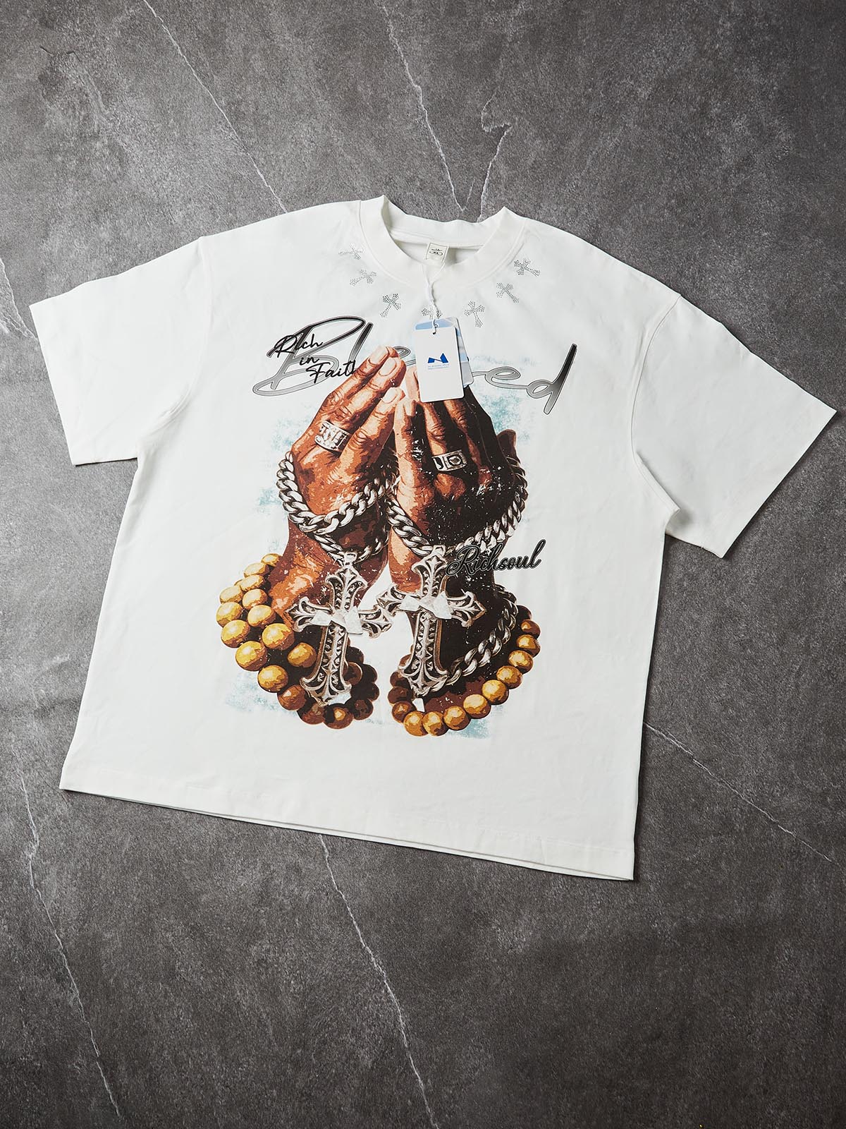 NOISSEY "Blessed Rich Soul" Praying Hands & Rosary Graphic DIY Rhinestone T-Shirt