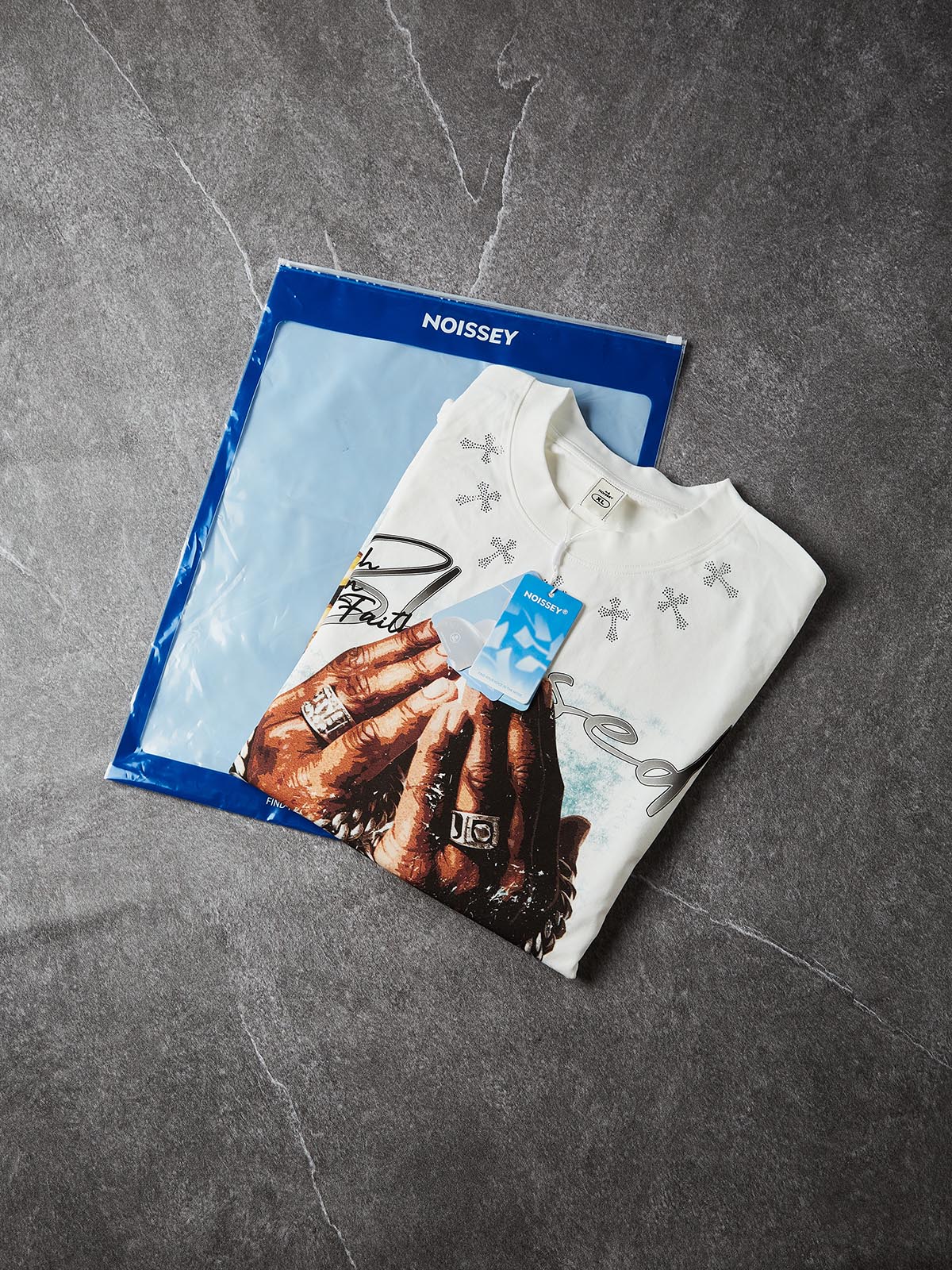 NOISSEY "Blessed Rich Soul" Praying Hands & Rosary Graphic DIY Rhinestone T-Shirt