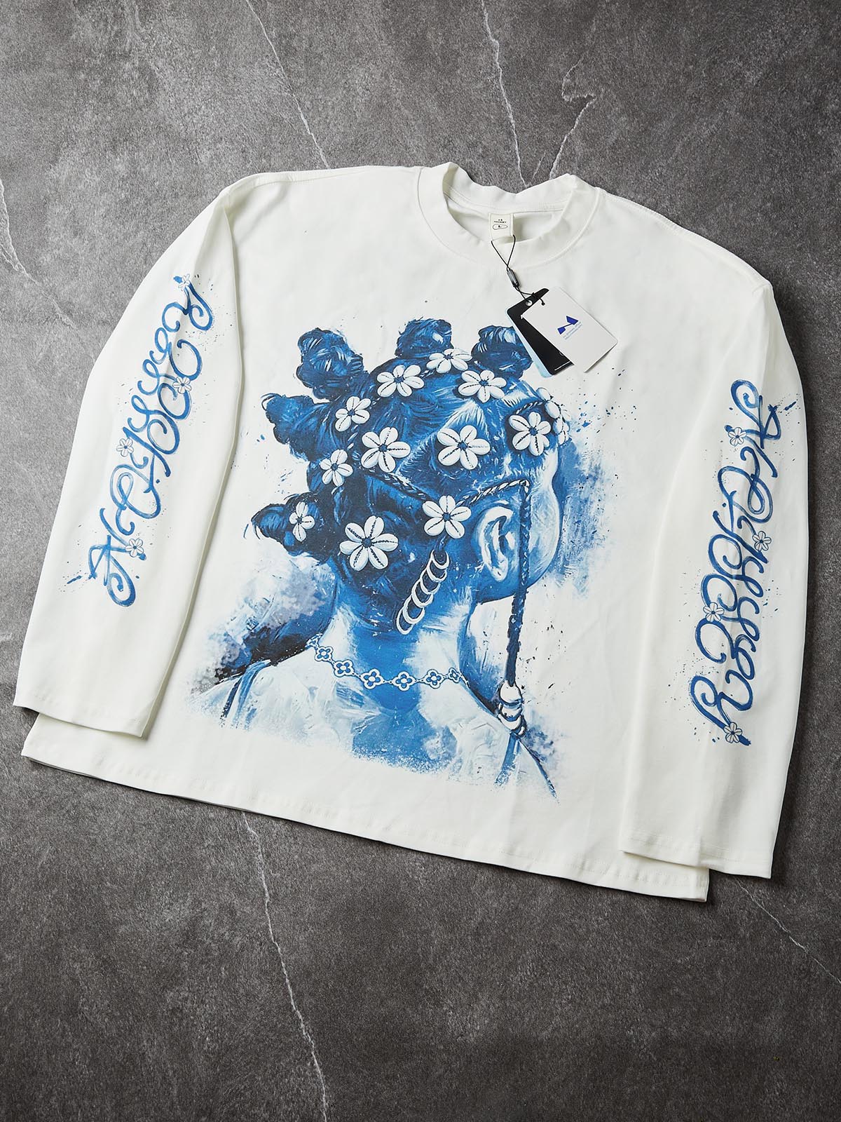 NOISSEY "Vintage Blue" Braided Girl Portrait Long Sleeve Sweatshirt - Off-White