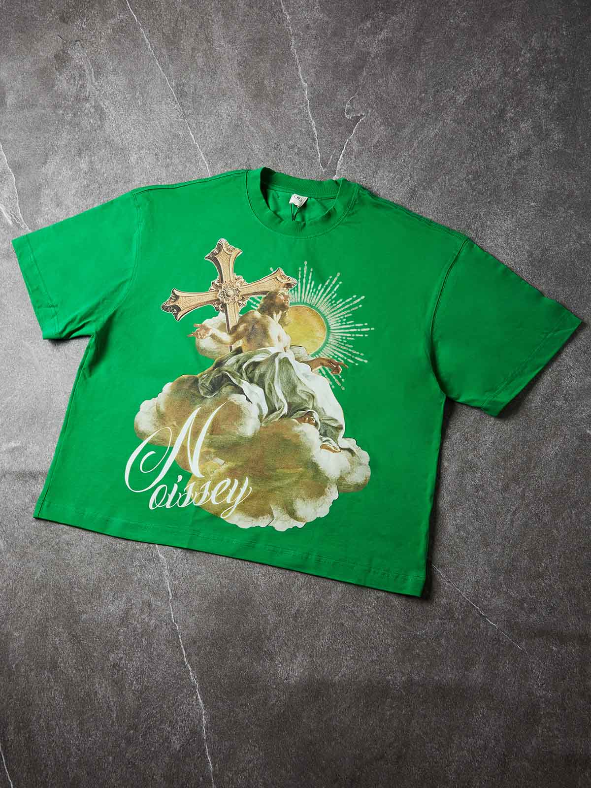 NOISSEY "Heavenly Light" Green Tee - Boxy Religion Graphic T-Shirt