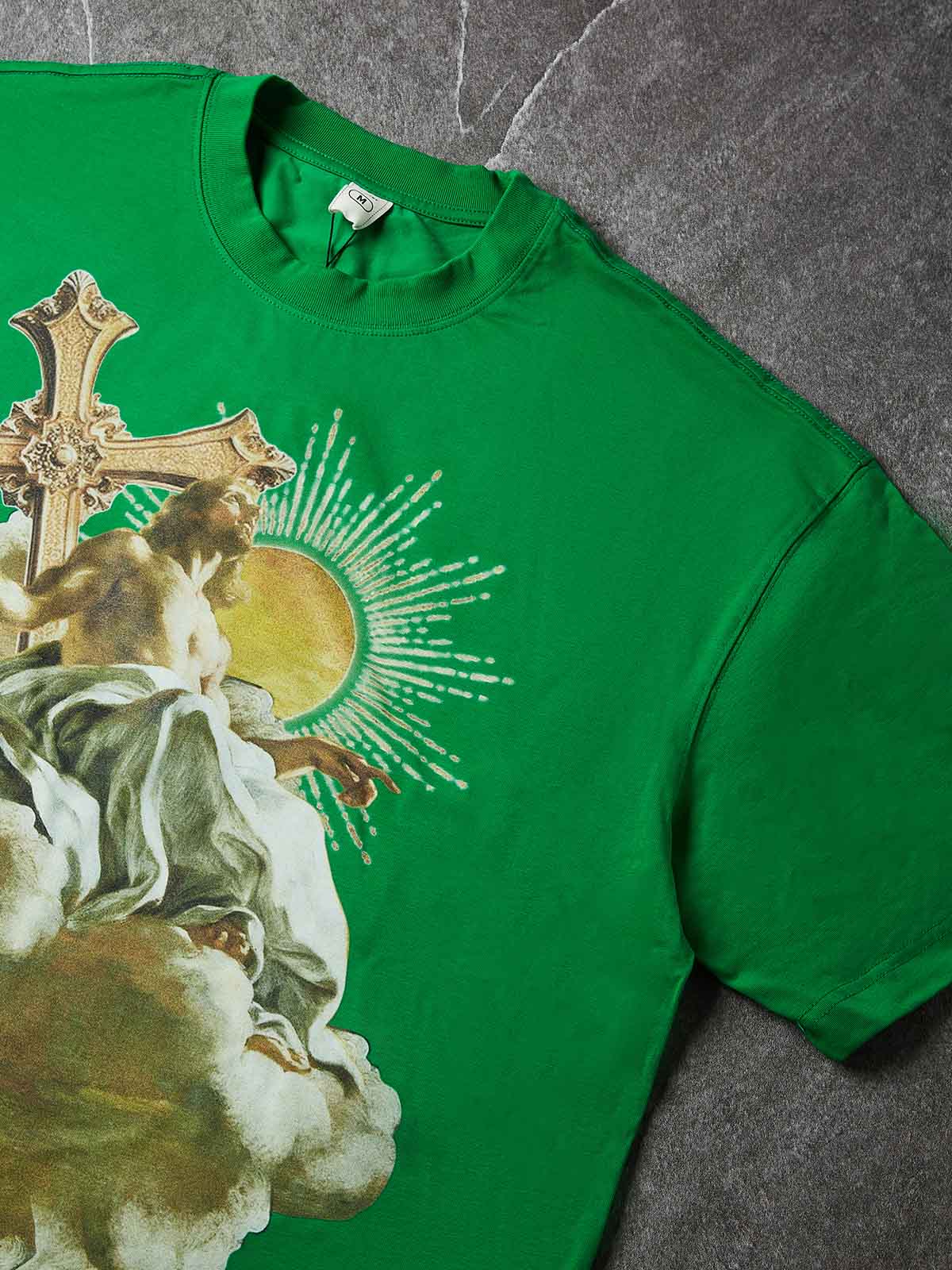 NOISSEY "Heavenly Light" Green Tee - Boxy Religion Graphic T-Shirt